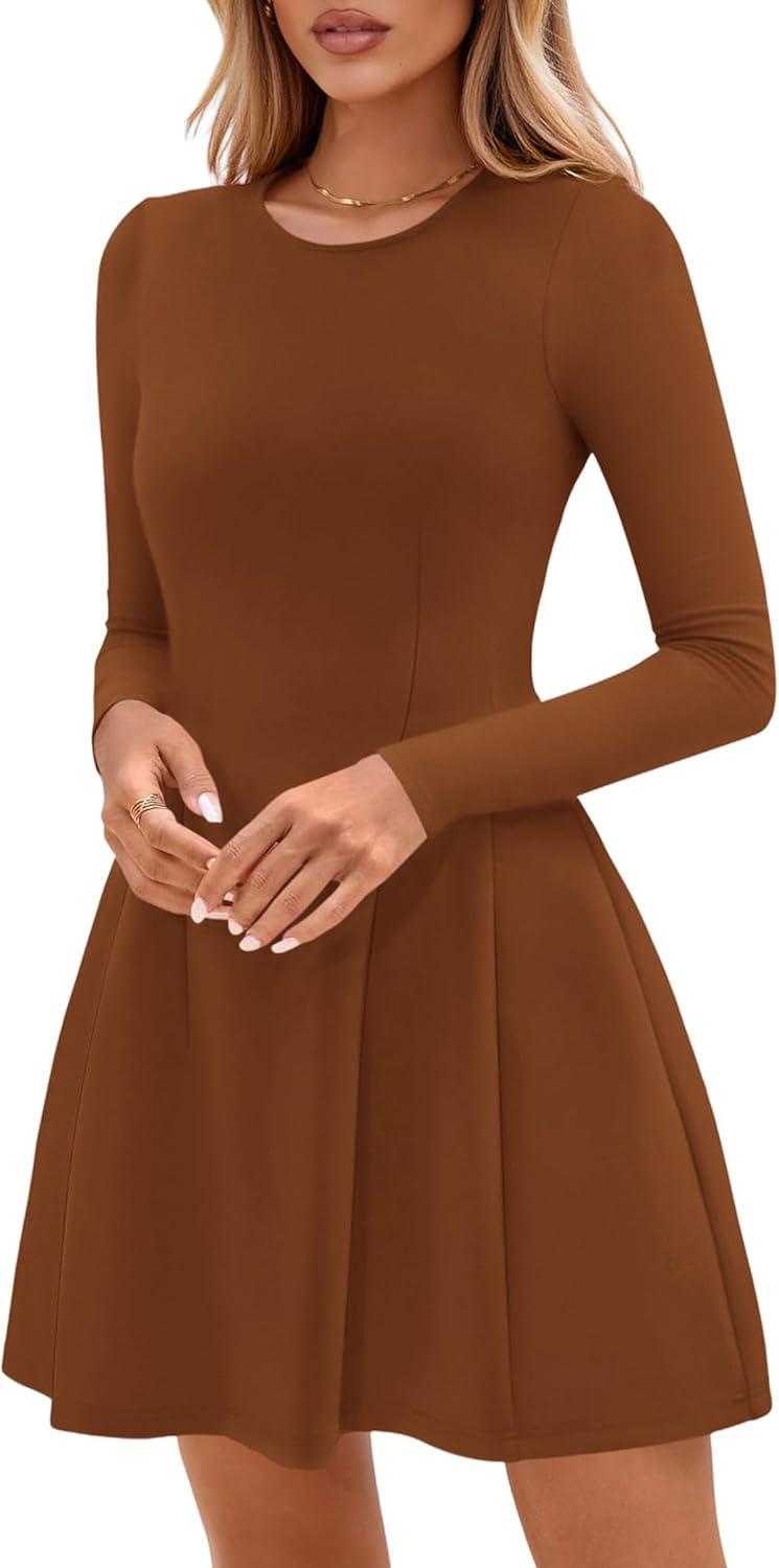 imagePRETTYGARDEN Long Sleeve Mini Dress for Women 2025 Fall Crewneck Knit Pleated Babydoll A Line Soft Casual Short Party DressesCaramel