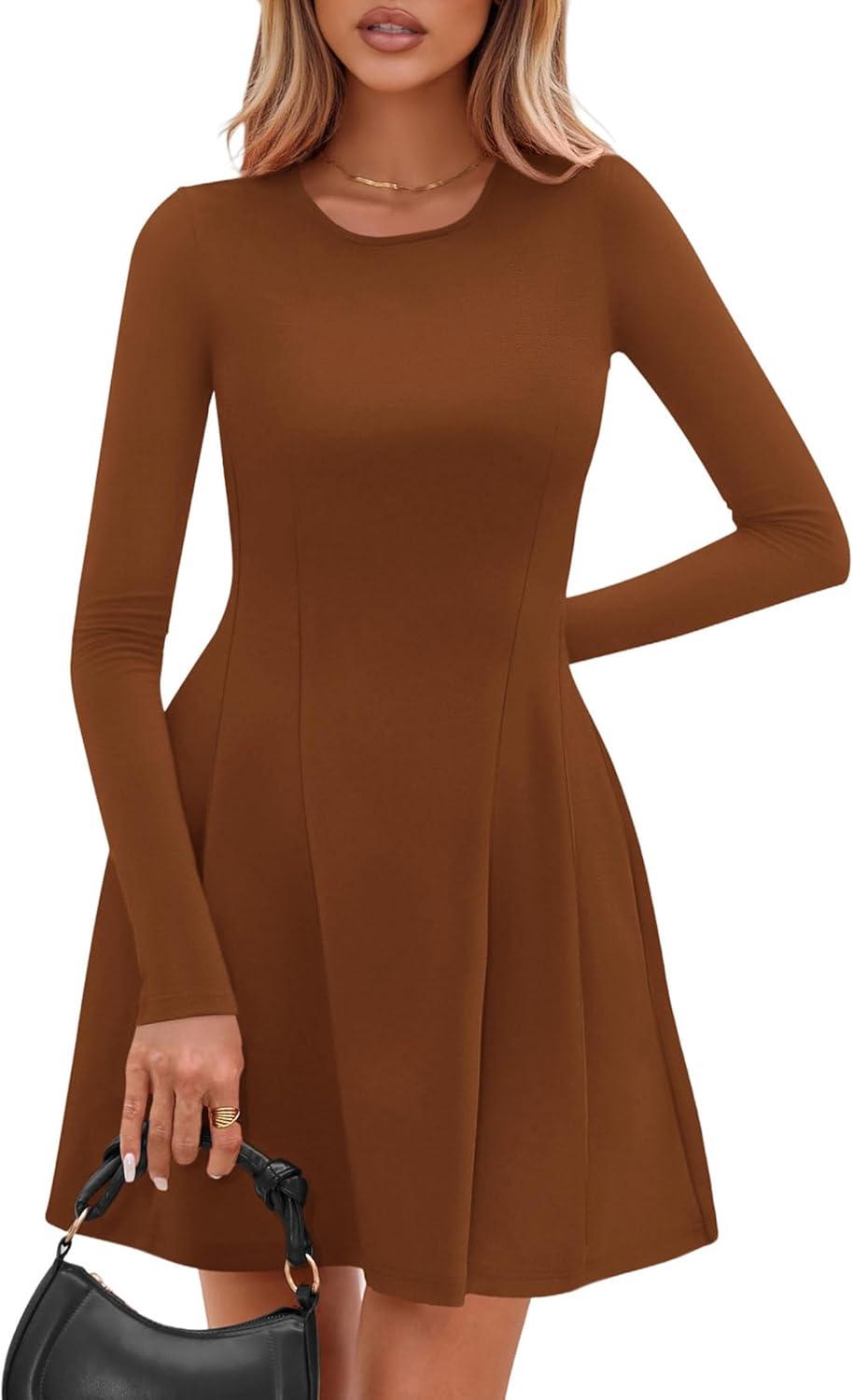 imagePRETTYGARDEN Long Sleeve Mini Dress for Women 2025 Fall Crewneck Knit Pleated Babydoll A Line Soft Casual Short Party DressesCaramel