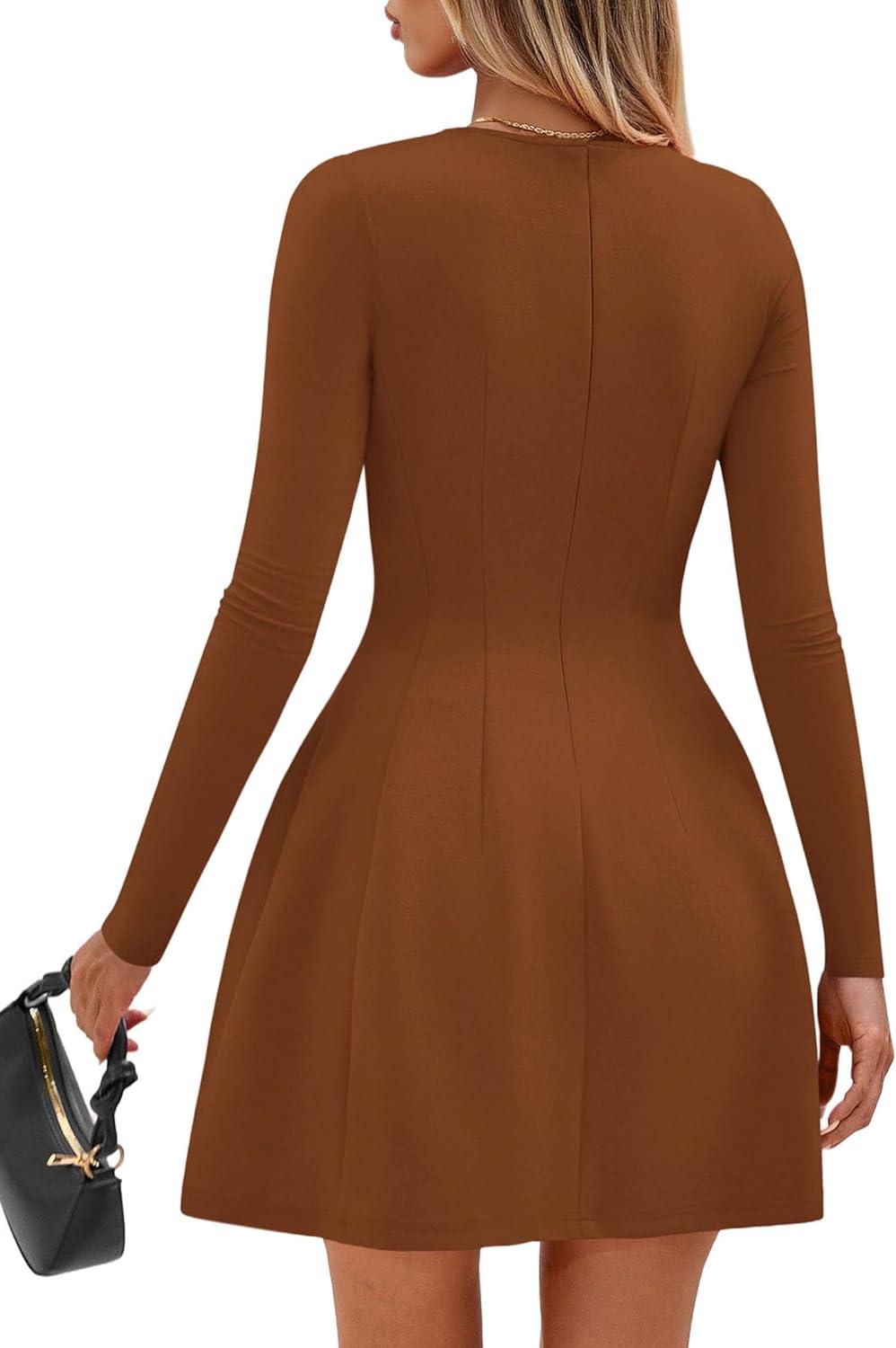 imagePRETTYGARDEN Long Sleeve Mini Dress for Women 2025 Fall Crewneck Knit Pleated Babydoll A Line Soft Casual Short Party DressesCaramel