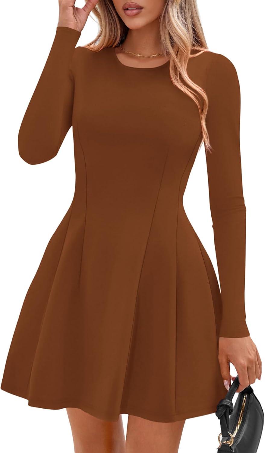 imagePRETTYGARDEN Long Sleeve Mini Dress for Women 2025 Fall Crewneck Knit Pleated Babydoll A Line Soft Casual Short Party DressesCaramel