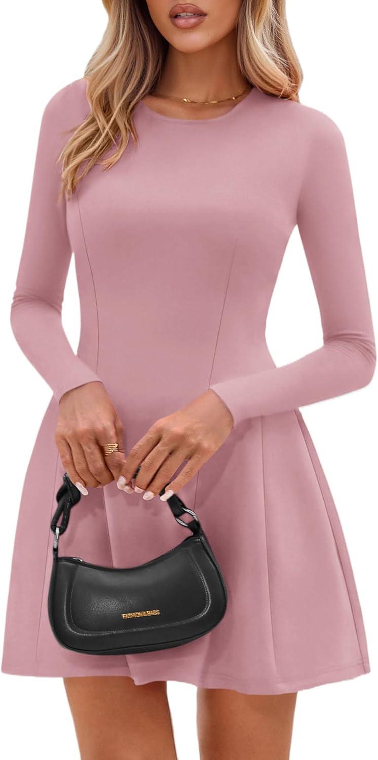 imagePRETTYGARDEN Long Sleeve Mini Dress for Women 2025 Fall Crewneck Knit Pleated Babydoll A Line Soft Casual Short Party DressesPink