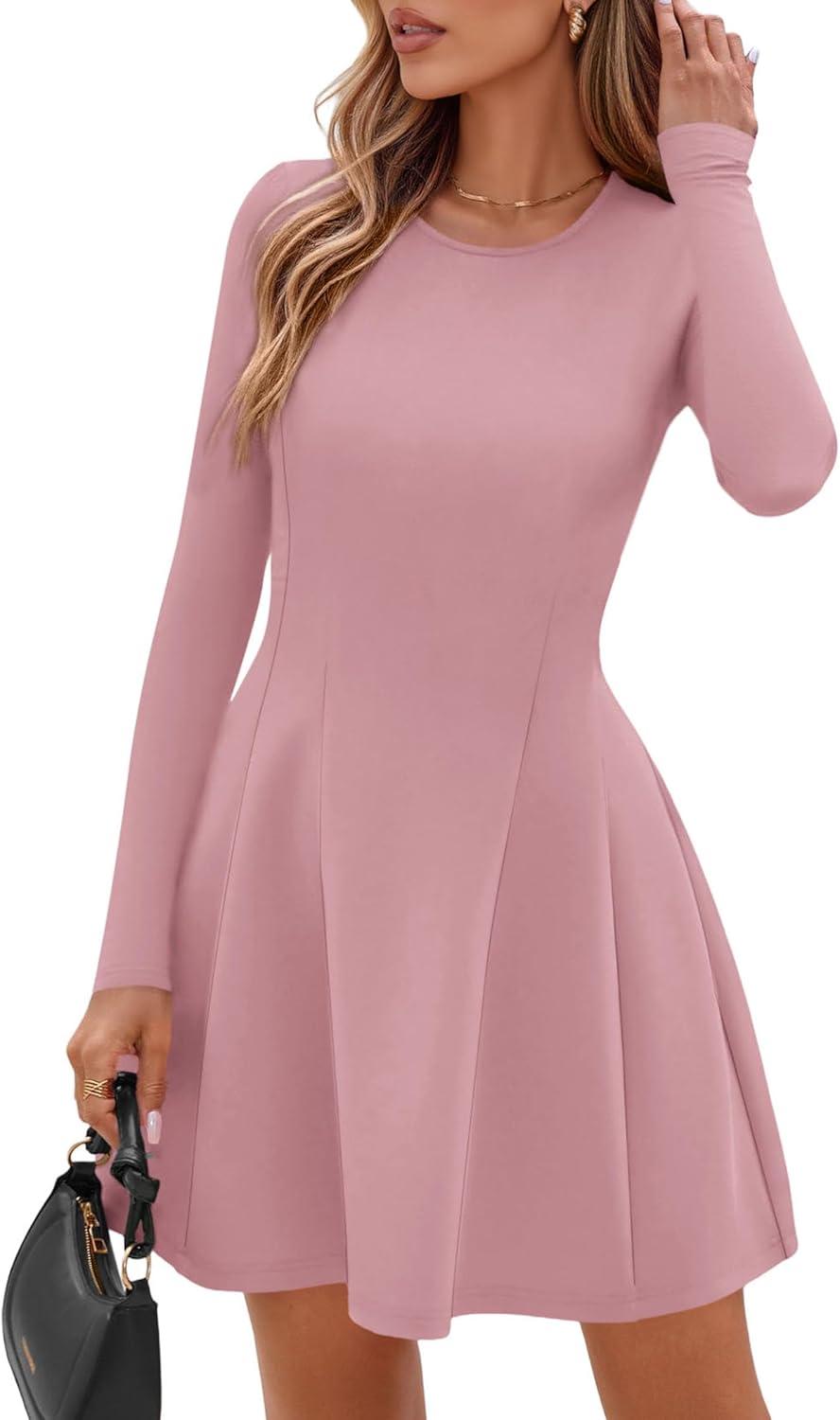 imagePRETTYGARDEN Long Sleeve Mini Dress for Women 2025 Fall Crewneck Knit Pleated Babydoll A Line Soft Casual Short Party DressesPink
