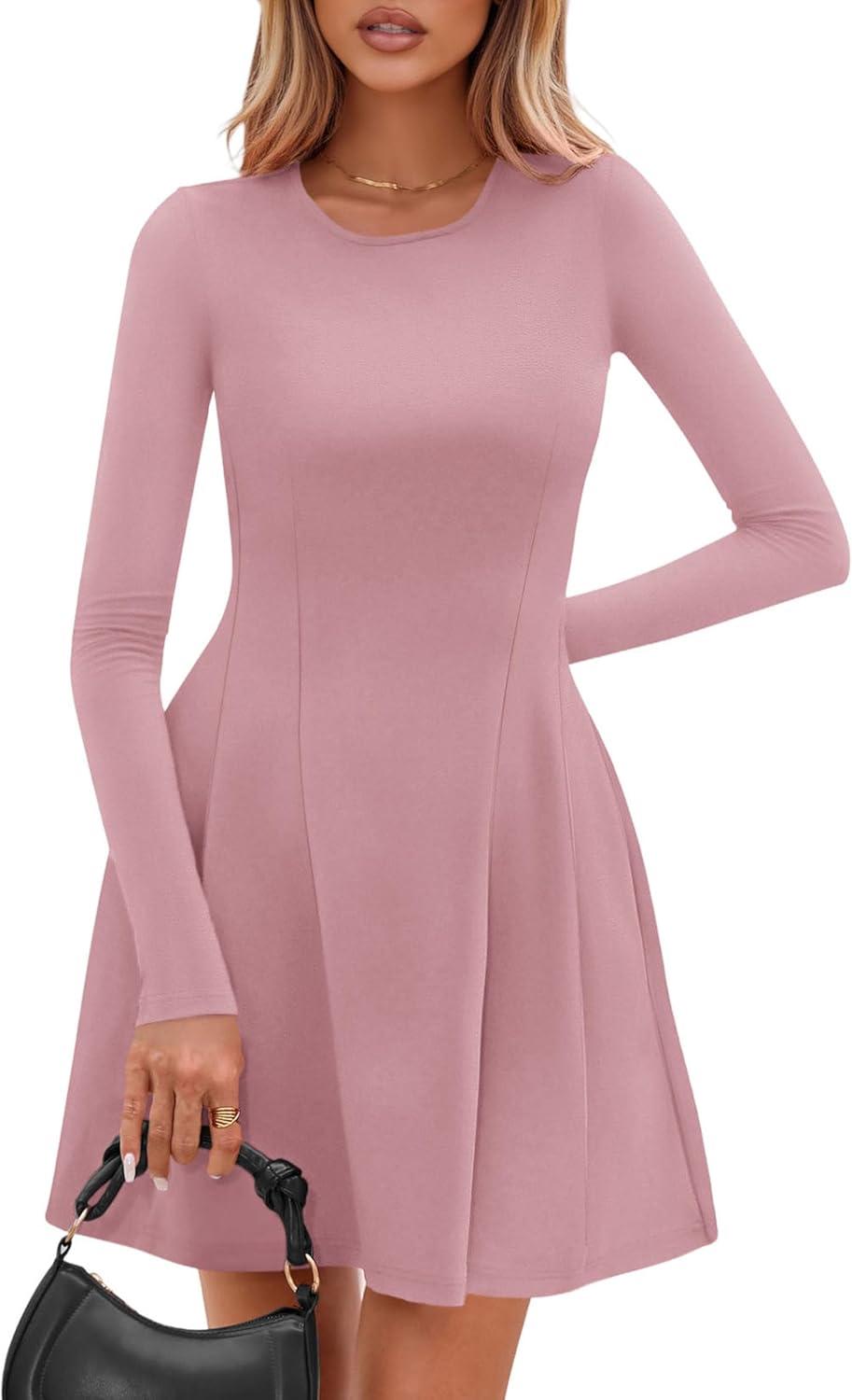 imagePRETTYGARDEN Long Sleeve Mini Dress for Women 2025 Fall Crewneck Knit Pleated Babydoll A Line Soft Casual Short Party DressesPink