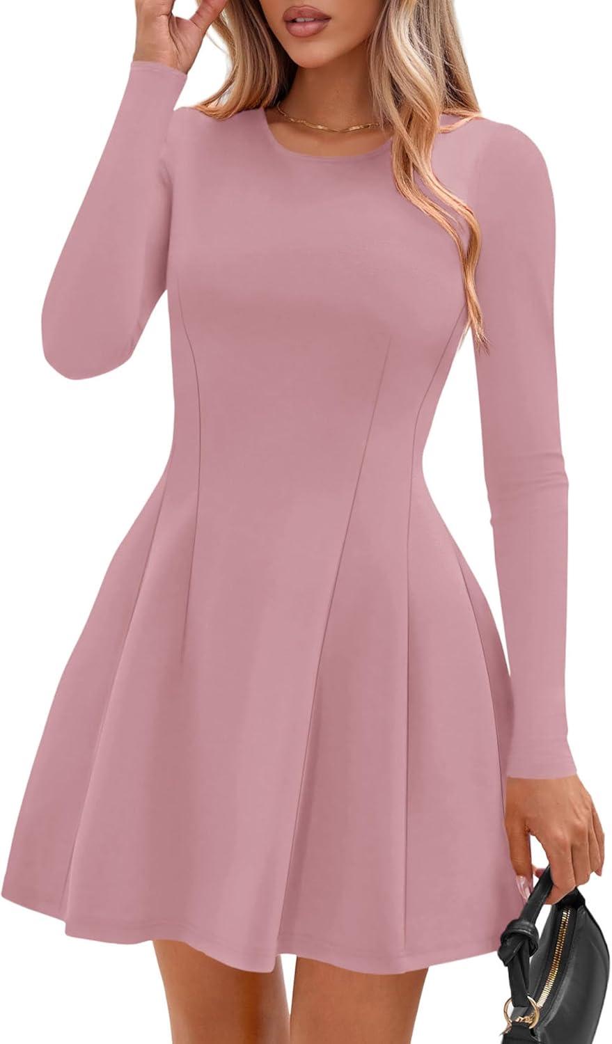 imagePRETTYGARDEN Long Sleeve Mini Dress for Women 2025 Fall Crewneck Knit Pleated Babydoll A Line Soft Casual Short Party DressesPink
