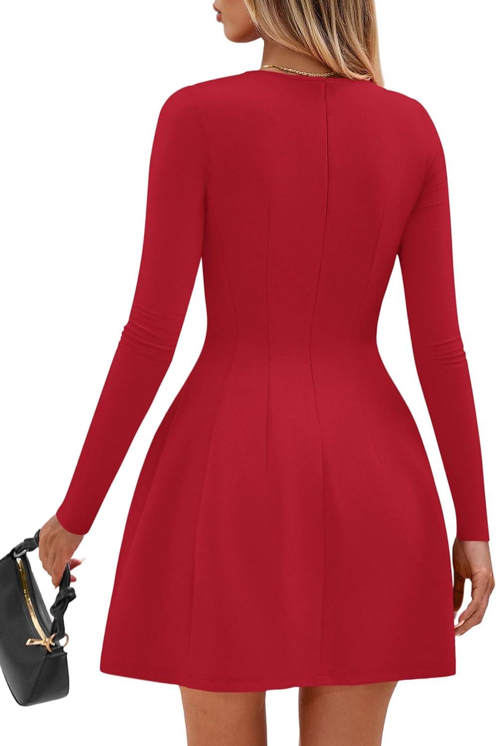 imagePRETTYGARDEN Long Sleeve Mini Dress for Women 2025 Fall Crewneck Knit Pleated Babydoll A Line Soft Casual Short Party DressesRed