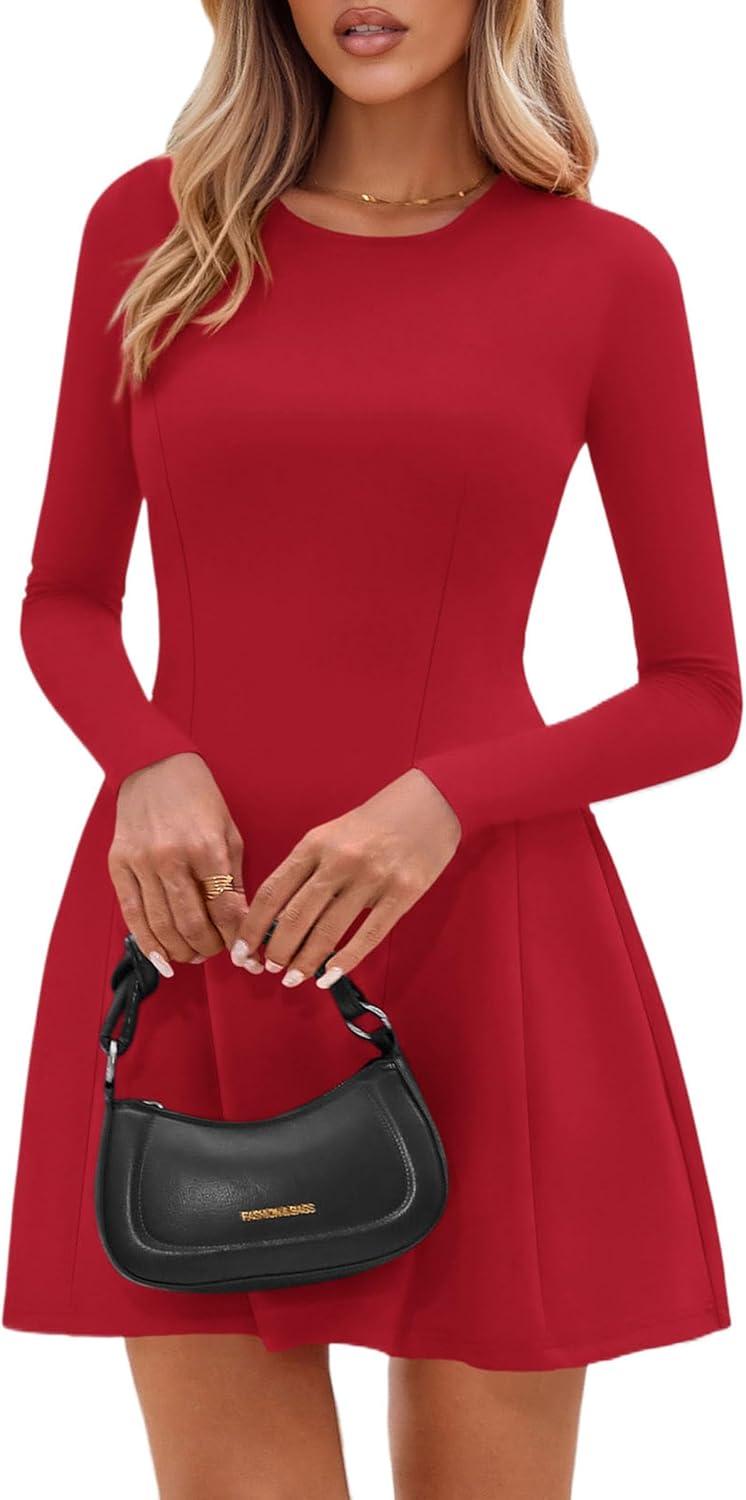 imagePRETTYGARDEN Long Sleeve Mini Dress for Women 2025 Fall Crewneck Knit Pleated Babydoll A Line Soft Casual Short Party DressesRed