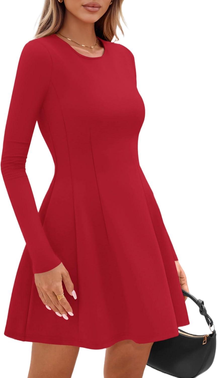imagePRETTYGARDEN Long Sleeve Mini Dress for Women 2025 Fall Crewneck Knit Pleated Babydoll A Line Soft Casual Short Party DressesRed