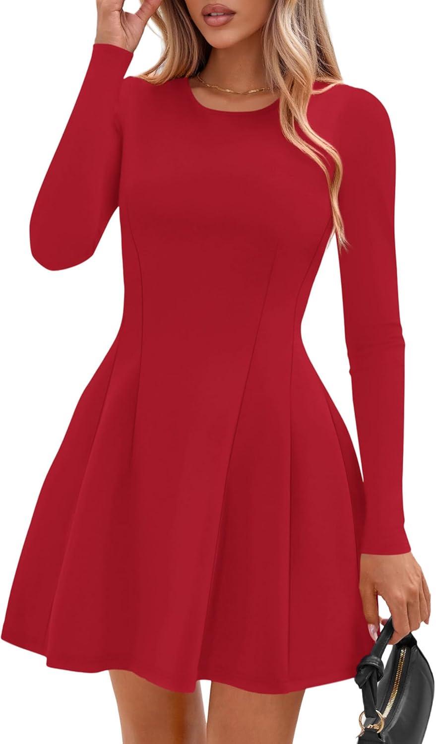 imagePRETTYGARDEN Long Sleeve Mini Dress for Women 2025 Fall Crewneck Knit Pleated Babydoll A Line Soft Casual Short Party DressesRed