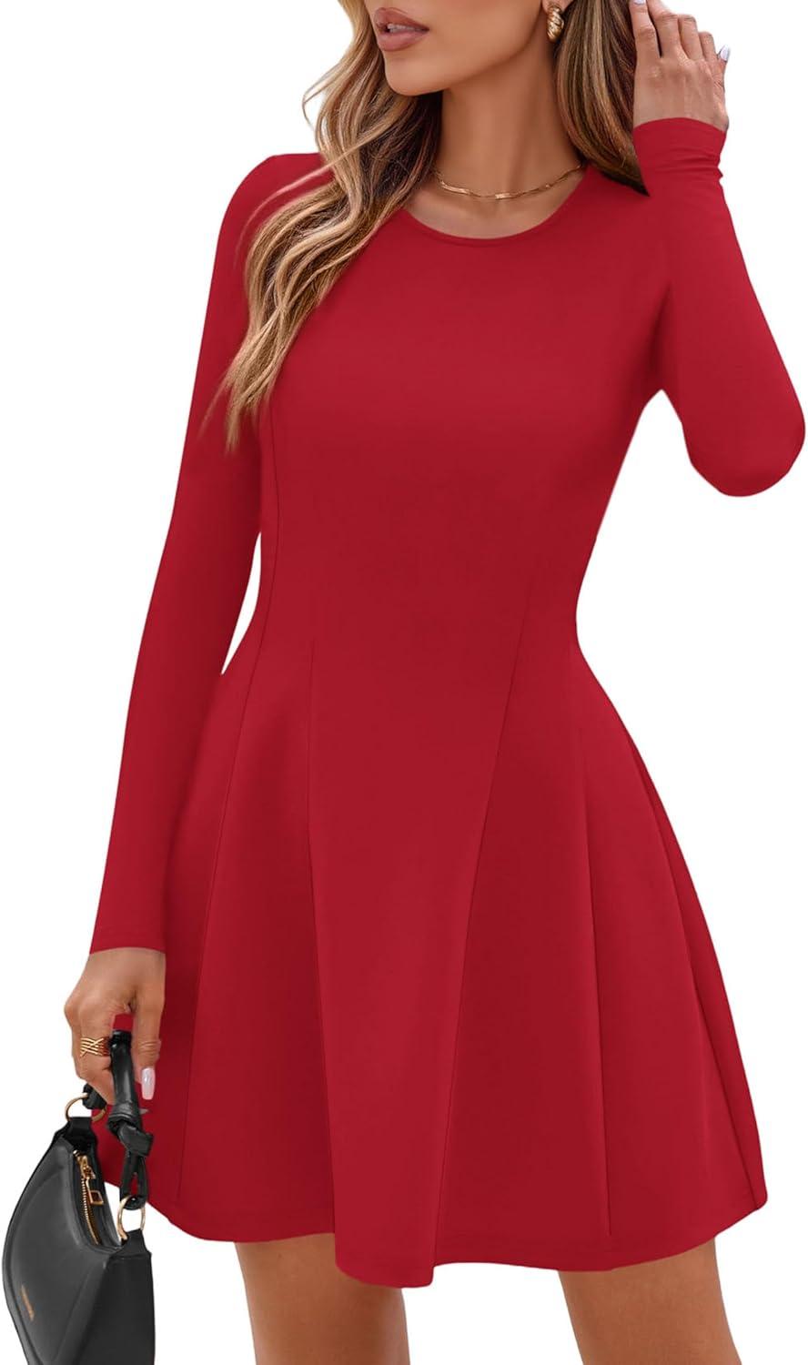 imagePRETTYGARDEN Long Sleeve Mini Dress for Women 2025 Fall Crewneck Knit Pleated Babydoll A Line Soft Casual Short Party DressesRed