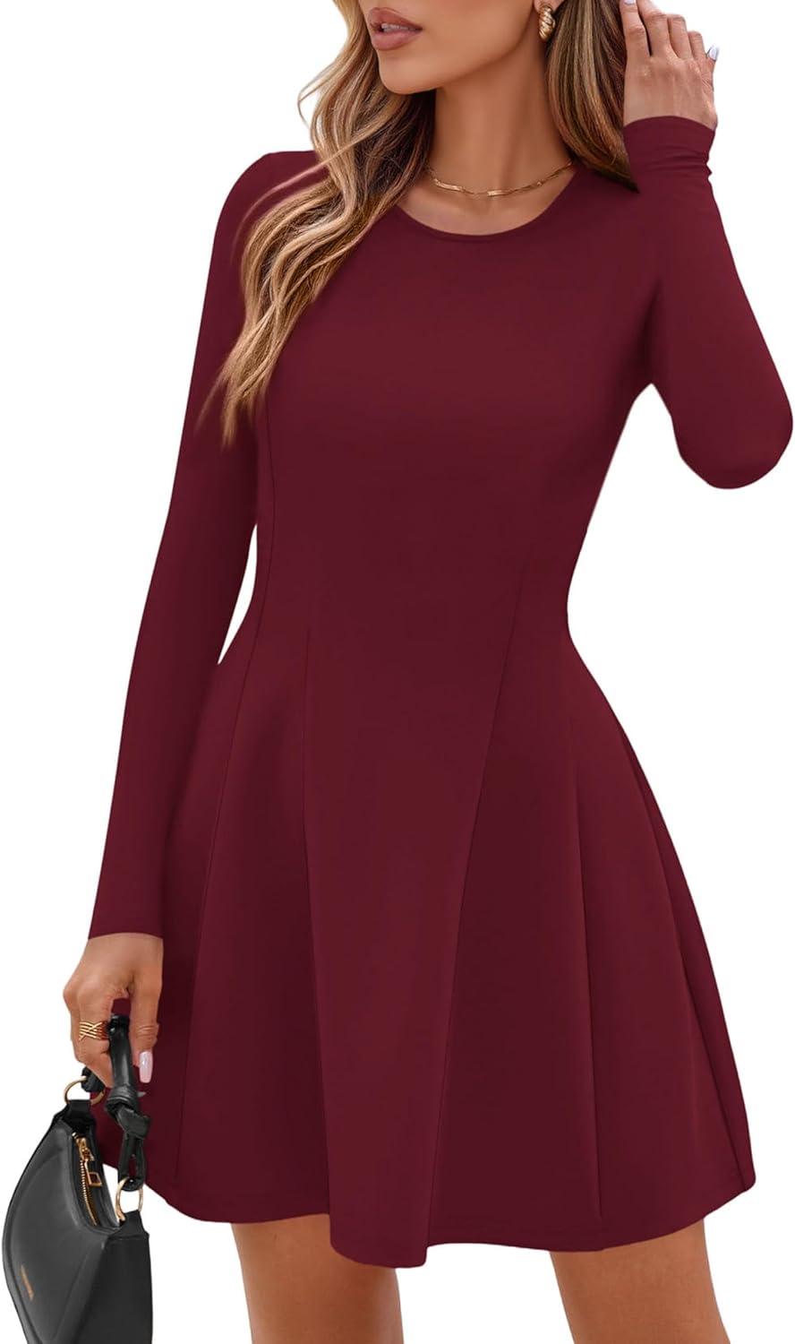 imagePRETTYGARDEN Long Sleeve Mini Dress for Women 2025 Fall Crewneck Knit Pleated Babydoll A Line Soft Casual Short Party DressesWine Red