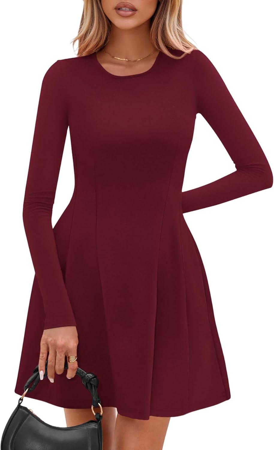 imagePRETTYGARDEN Long Sleeve Mini Dress for Women 2025 Fall Crewneck Knit Pleated Babydoll A Line Soft Casual Short Party DressesWine Red