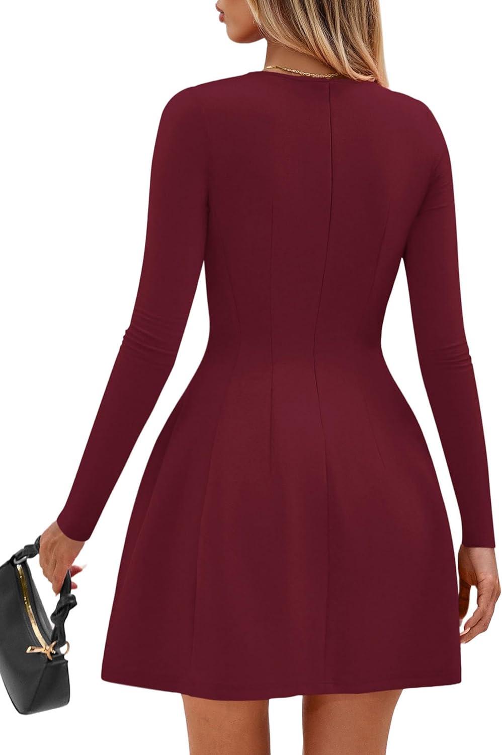 imagePRETTYGARDEN Long Sleeve Mini Dress for Women 2025 Fall Crewneck Knit Pleated Babydoll A Line Soft Casual Short Party DressesWine Red