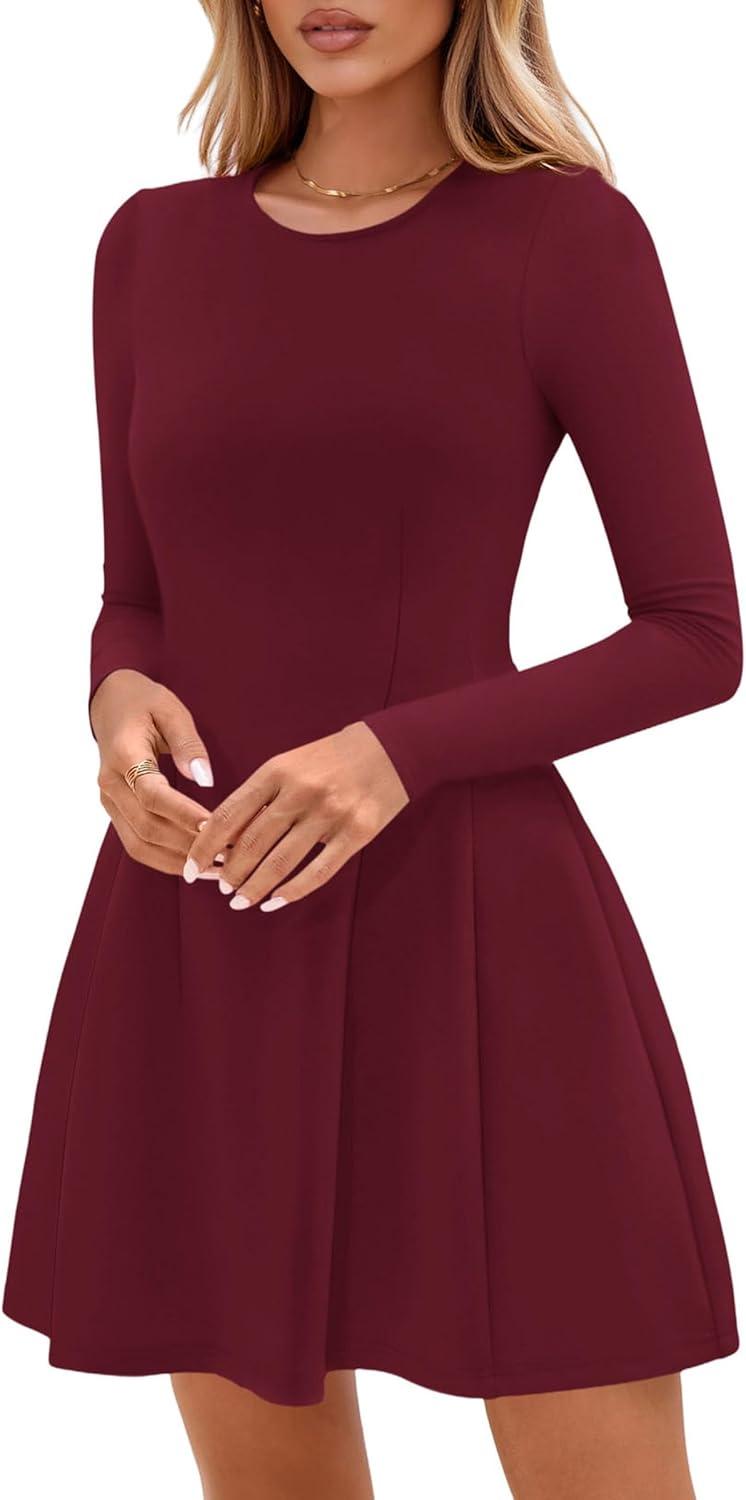 imagePRETTYGARDEN Long Sleeve Mini Dress for Women 2025 Fall Crewneck Knit Pleated Babydoll A Line Soft Casual Short Party DressesWine Red