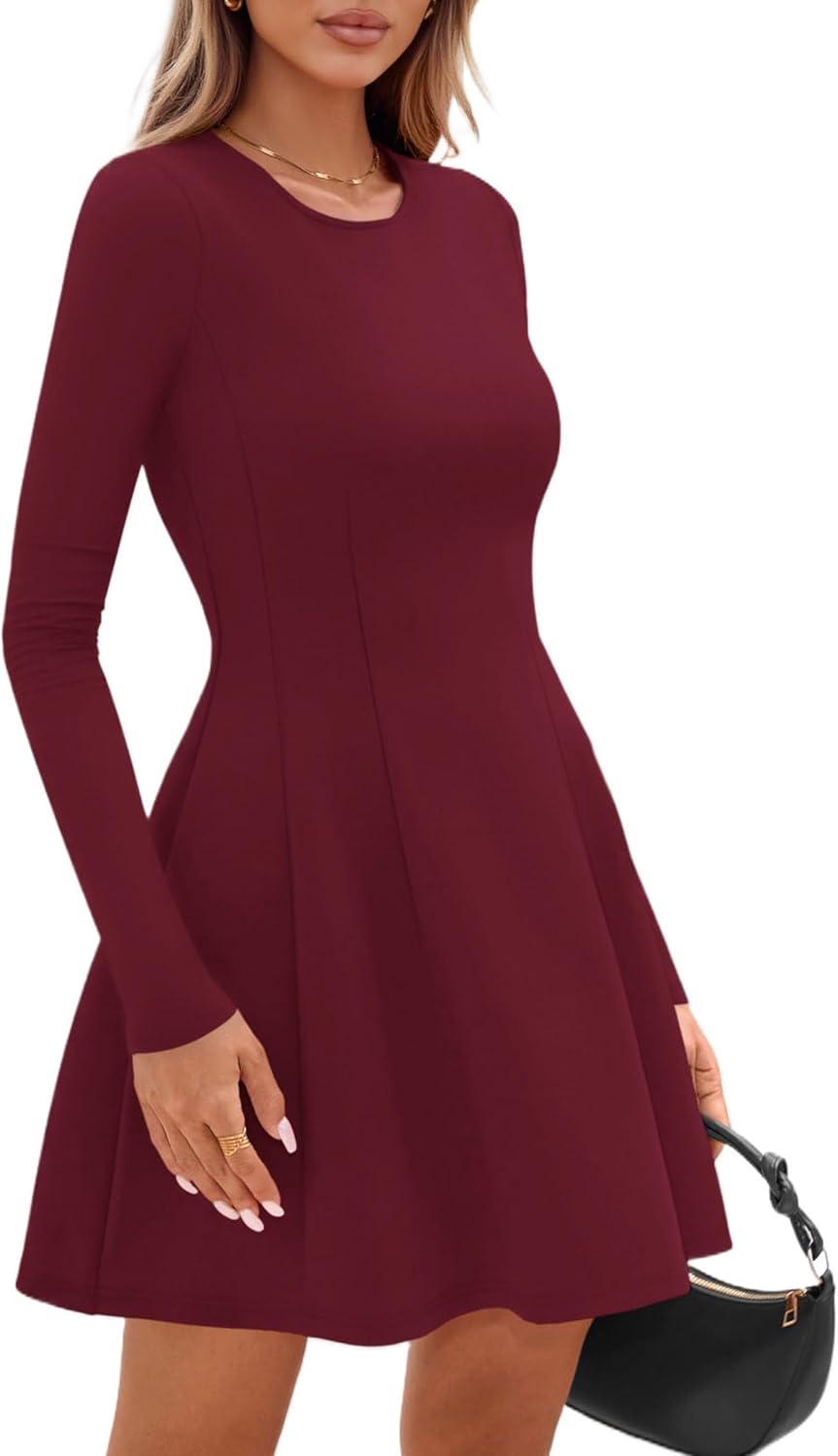 imagePRETTYGARDEN Long Sleeve Mini Dress for Women 2025 Fall Crewneck Knit Pleated Babydoll A Line Soft Casual Short Party DressesWine Red