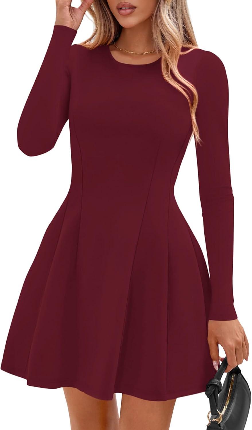 imagePRETTYGARDEN Long Sleeve Mini Dress for Women 2025 Fall Crewneck Knit Pleated Babydoll A Line Soft Casual Short Party DressesWine Red