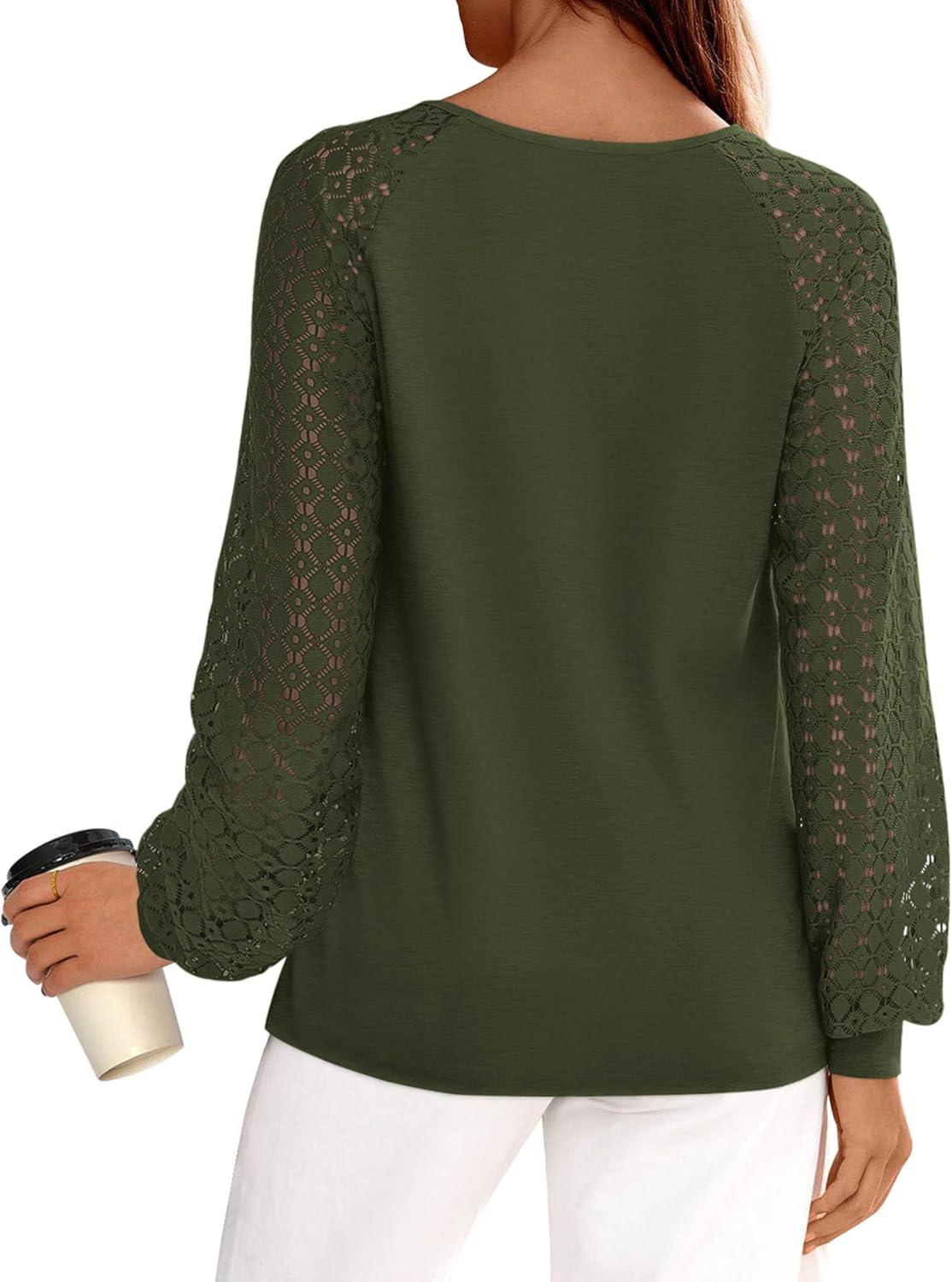 imagePRETTYGARDEN Long Sleeve Shirts for Women Trendy Lace Tops Dressy Casual Blouses 2025 Fall Outfits Fashion ClothingArmy Green
