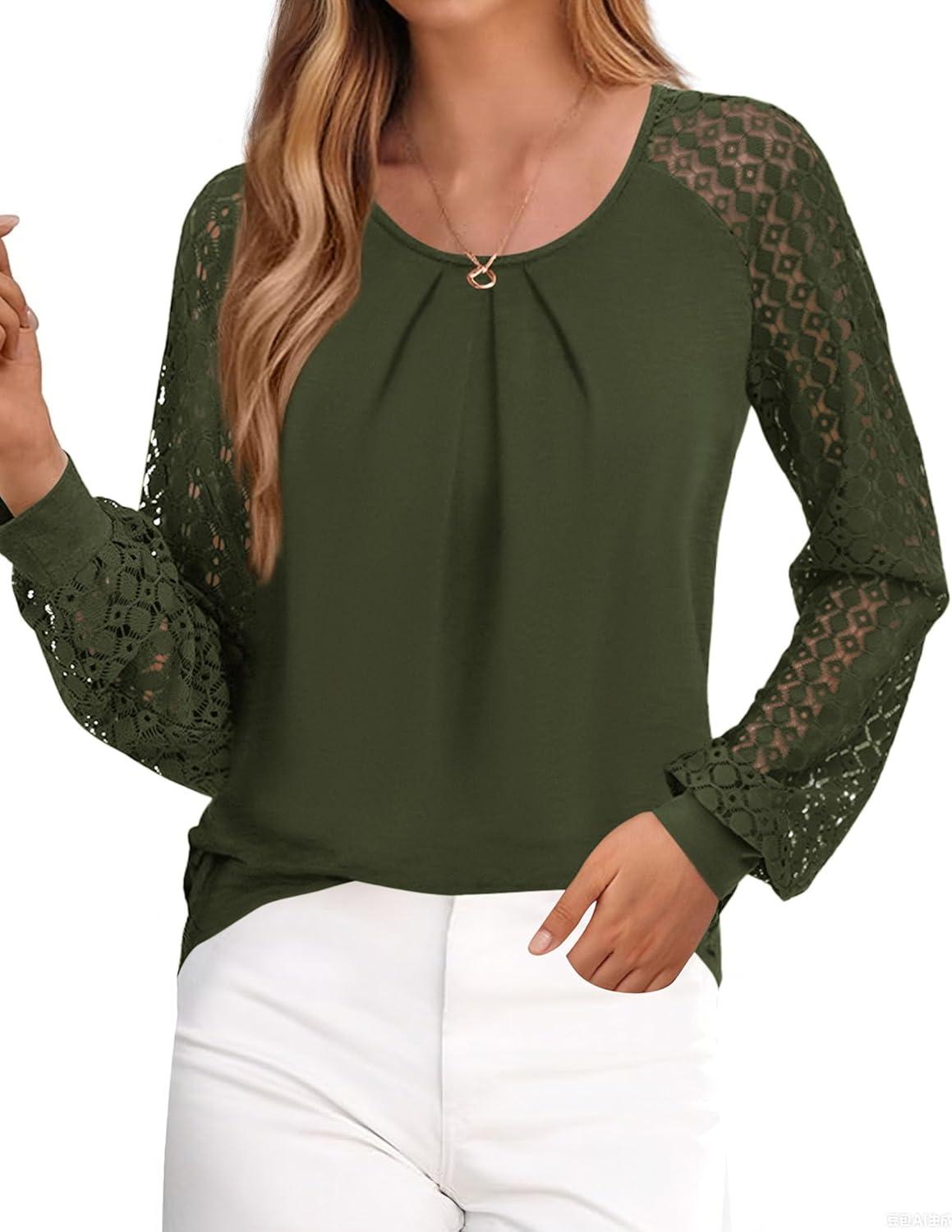 imagePRETTYGARDEN Long Sleeve Shirts for Women Trendy Lace Tops Dressy Casual Blouses 2025 Fall Outfits Fashion ClothingArmy Green