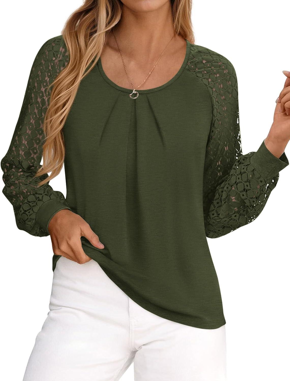 imagePRETTYGARDEN Long Sleeve Shirts for Women Trendy Lace Tops Dressy Casual Blouses 2025 Fall Outfits Fashion ClothingArmy Green