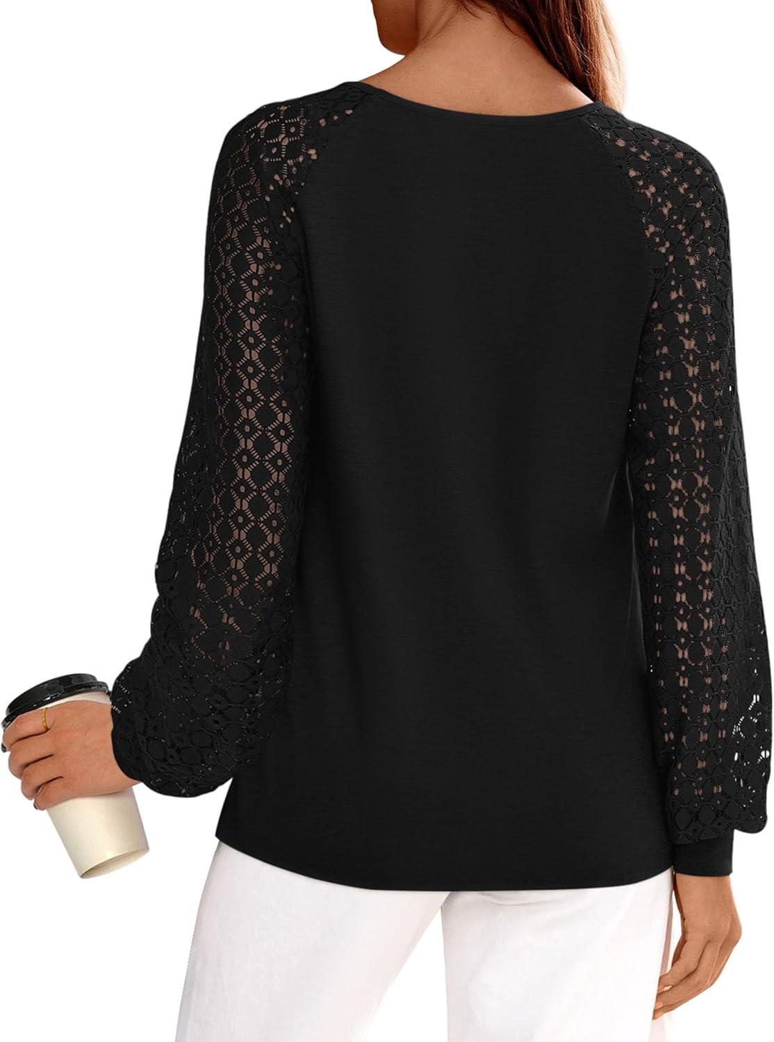 imagePRETTYGARDEN Long Sleeve Shirts for Women Trendy Lace Tops Dressy Casual Blouses 2025 Fall Outfits Fashion ClothingBlack