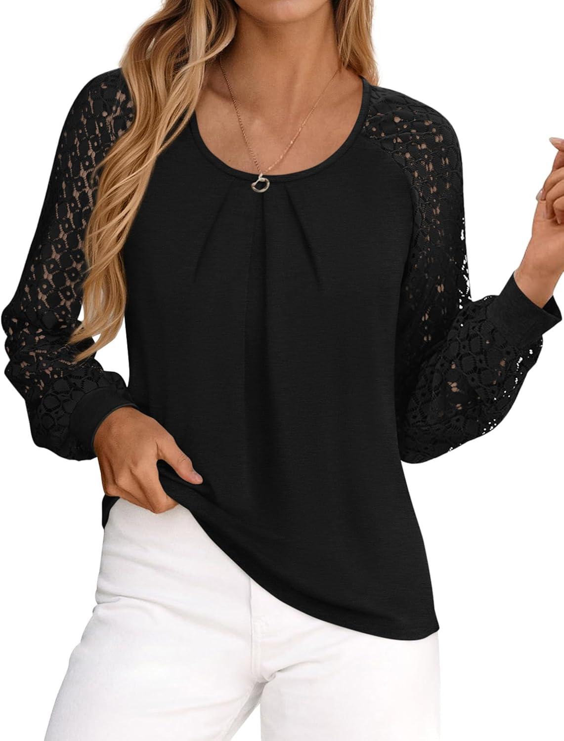 imagePRETTYGARDEN Long Sleeve Shirts for Women Trendy Lace Tops Dressy Casual Blouses 2025 Fall Outfits Fashion ClothingBlack