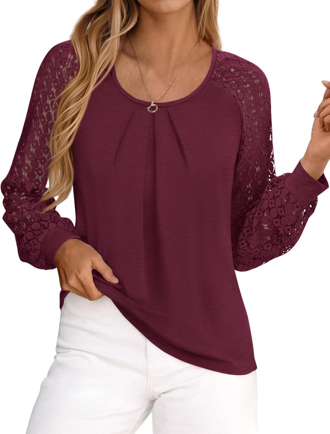 imagePRETTYGARDEN Long Sleeve Shirts for Women Trendy Lace Tops Dressy Casual Blouses 2025 Fall Outfits Fashion ClothingBurgundy
