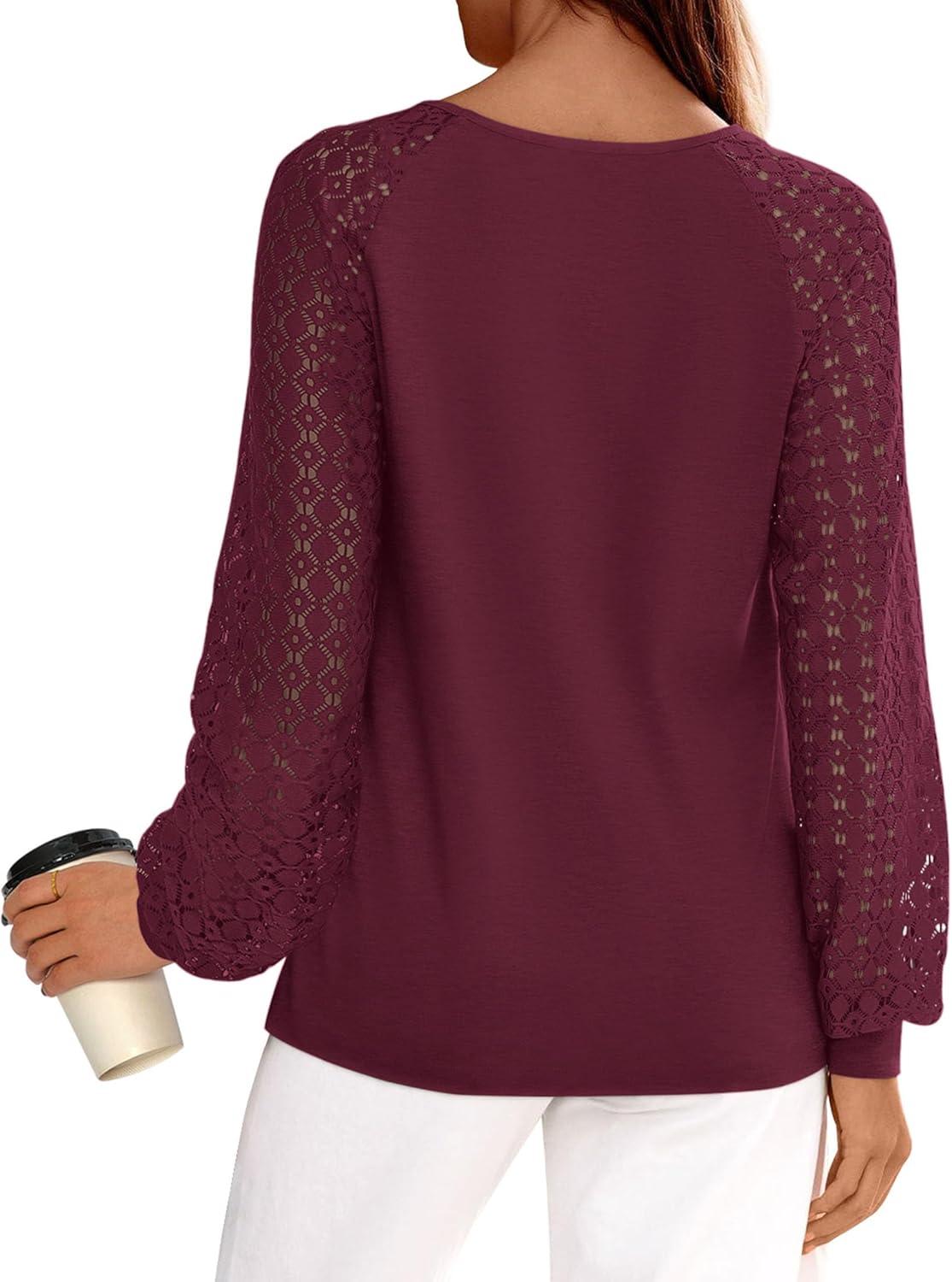 imagePRETTYGARDEN Long Sleeve Shirts for Women Trendy Lace Tops Dressy Casual Blouses 2025 Fall Outfits Fashion ClothingBurgundy
