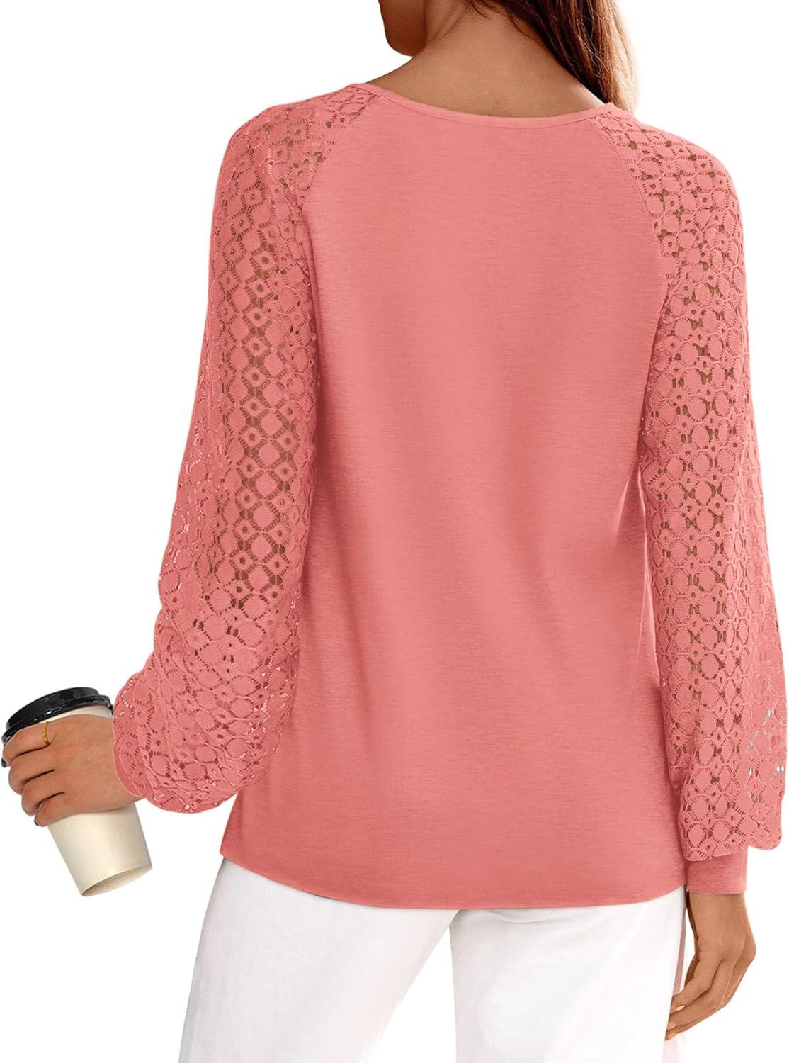 imagePRETTYGARDEN Long Sleeve Shirts for Women Trendy Lace Tops Dressy Casual Blouses 2025 Fall Outfits Fashion ClothingCoral Pink