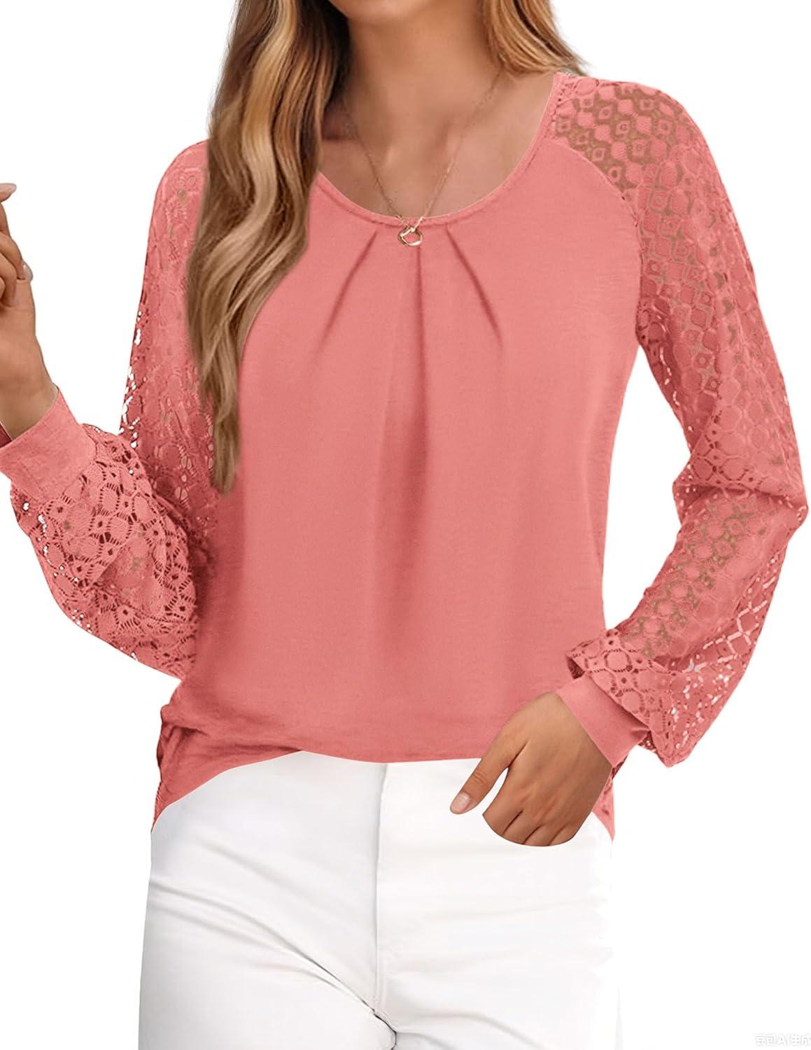 imagePRETTYGARDEN Long Sleeve Shirts for Women Trendy Lace Tops Dressy Casual Blouses 2025 Fall Outfits Fashion ClothingCoral Pink