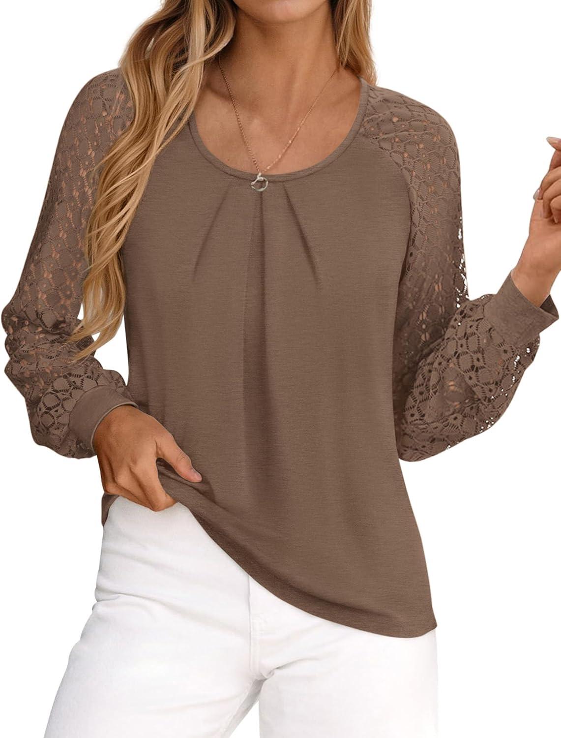 imagePRETTYGARDEN Long Sleeve Shirts for Women Trendy Lace Tops Dressy Casual Blouses 2025 Fall Outfits Fashion ClothingLight Brown