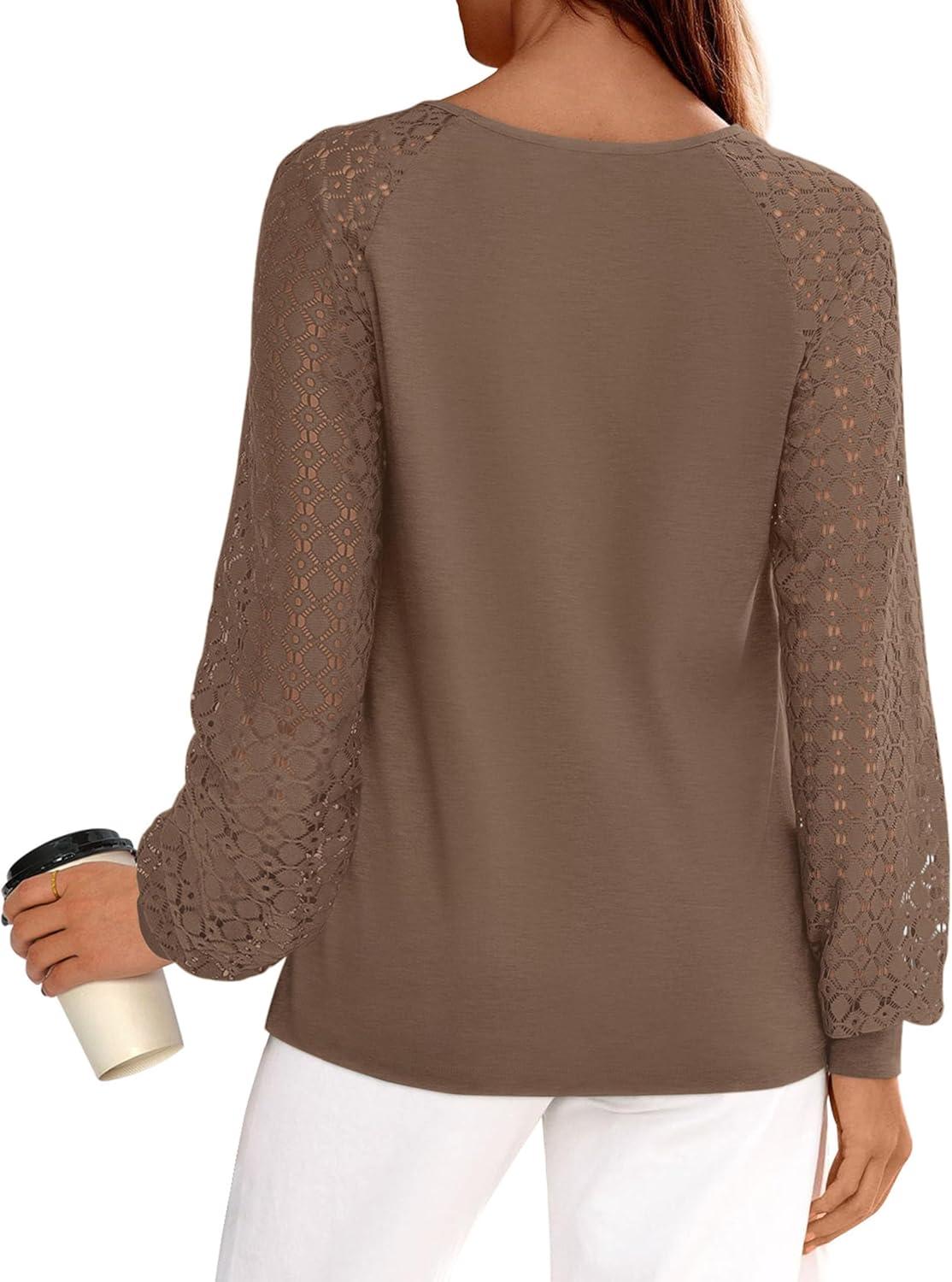 imagePRETTYGARDEN Long Sleeve Shirts for Women Trendy Lace Tops Dressy Casual Blouses 2025 Fall Outfits Fashion ClothingLight Brown