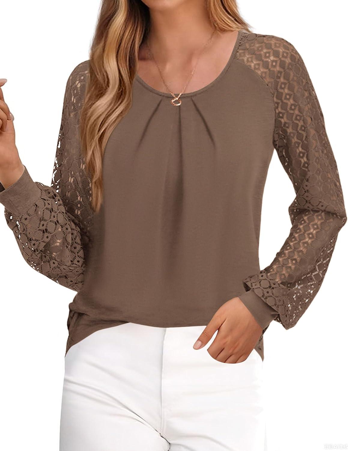 imagePRETTYGARDEN Long Sleeve Shirts for Women Trendy Lace Tops Dressy Casual Blouses 2025 Fall Outfits Fashion ClothingLight Brown