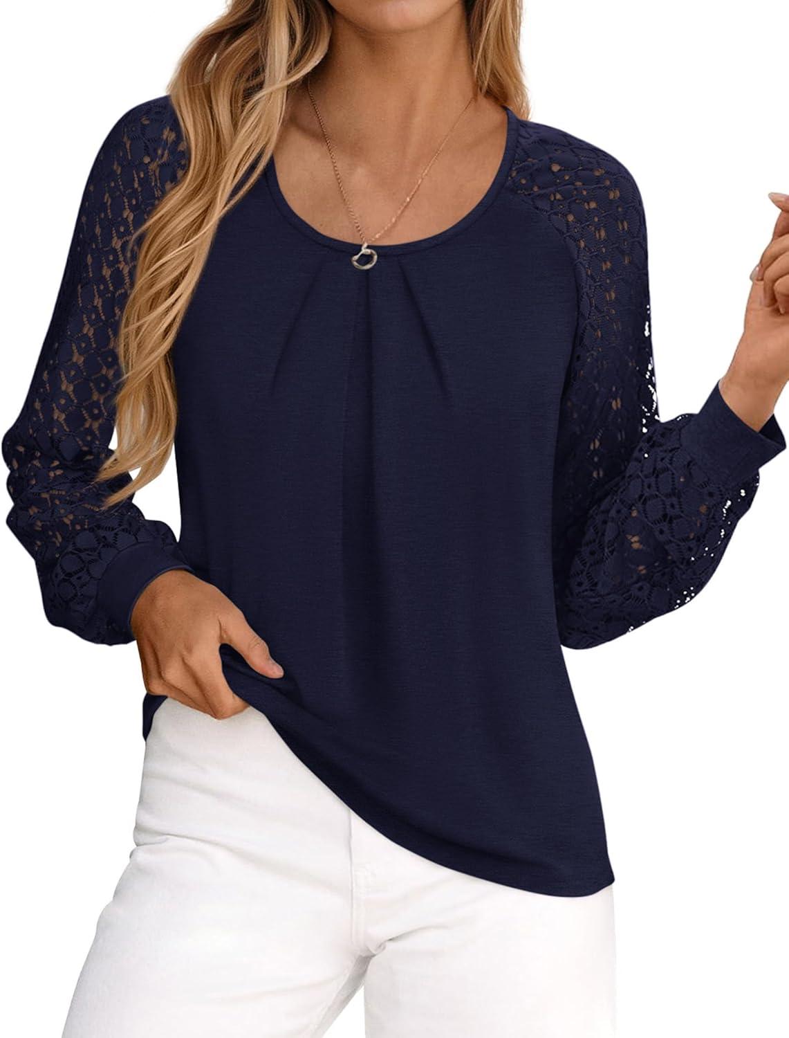 imagePRETTYGARDEN Long Sleeve Shirts for Women Trendy Lace Tops Dressy Casual Blouses 2025 Fall Outfits Fashion ClothingNavy Blue