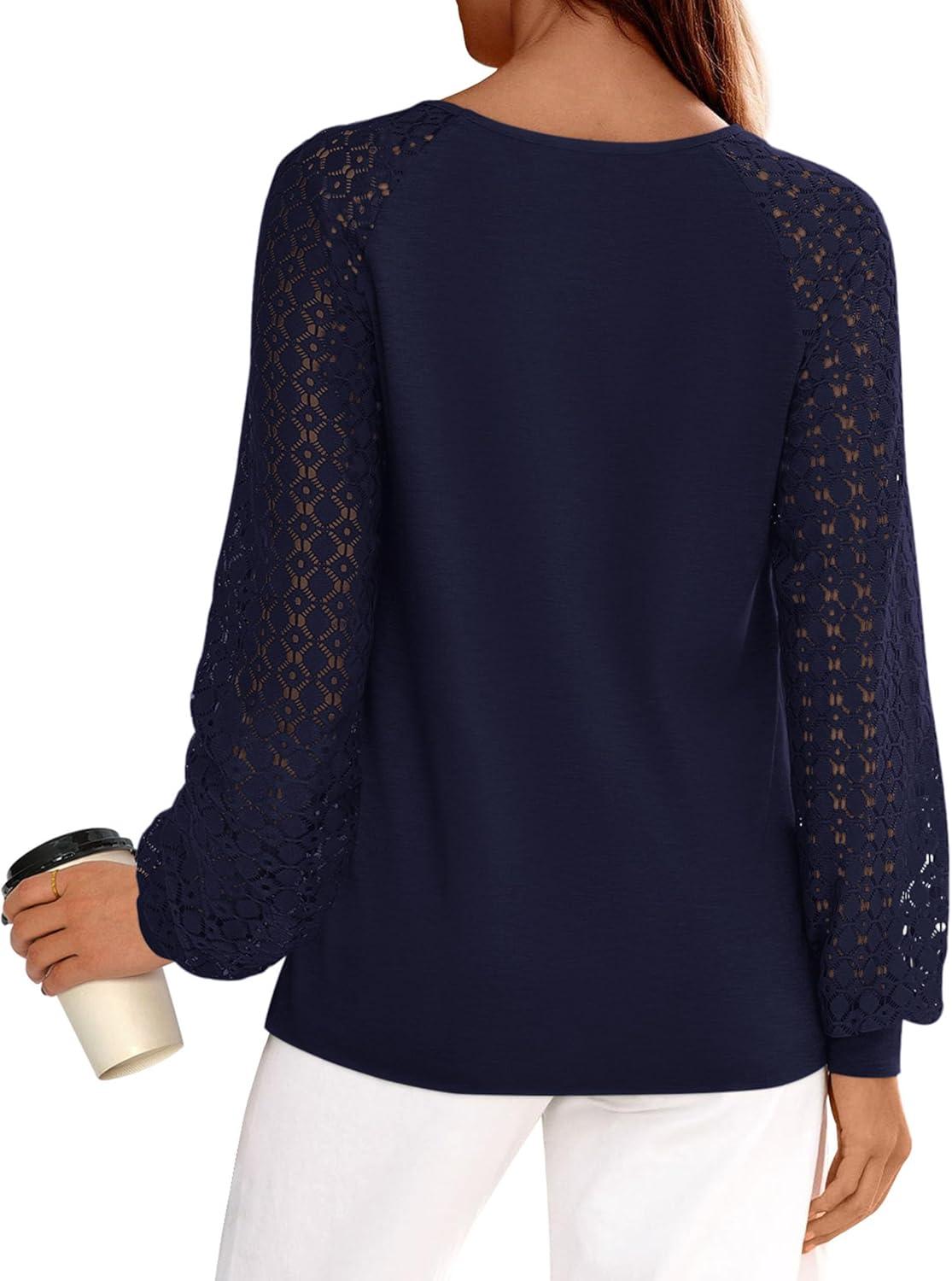 imagePRETTYGARDEN Long Sleeve Shirts for Women Trendy Lace Tops Dressy Casual Blouses 2025 Fall Outfits Fashion ClothingNavy Blue