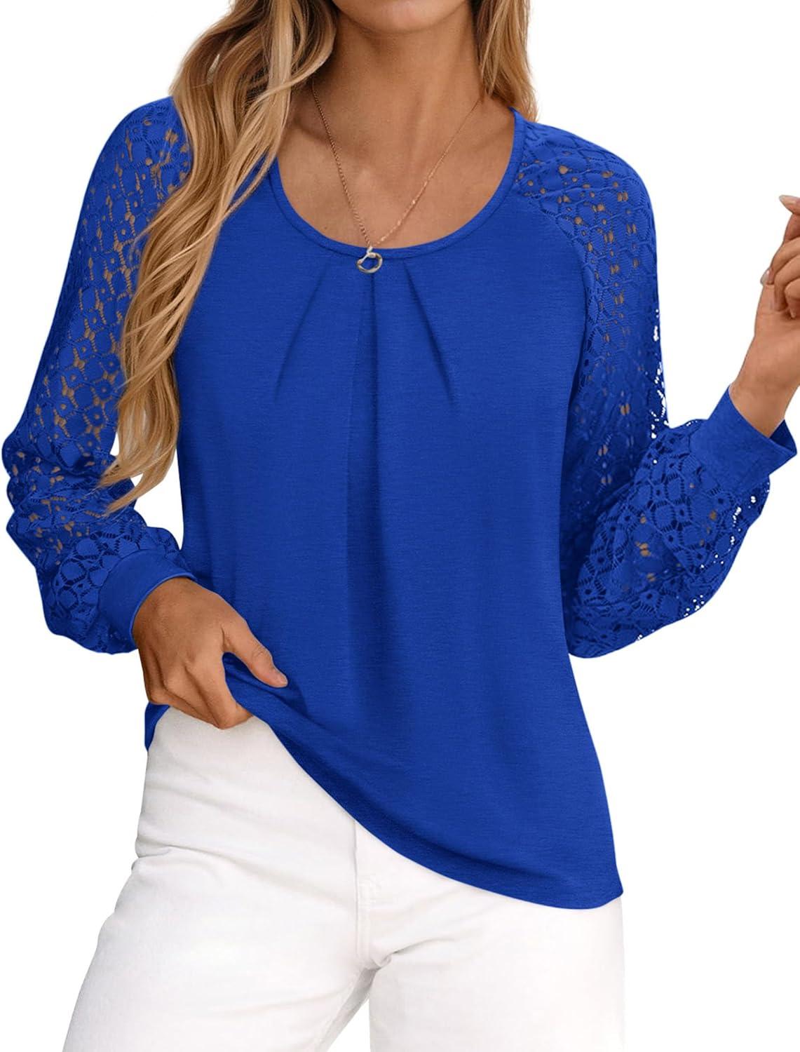 imagePRETTYGARDEN Long Sleeve Shirts for Women Trendy Lace Tops Dressy Casual Blouses 2025 Fall Outfits Fashion ClothingRoyal Blue