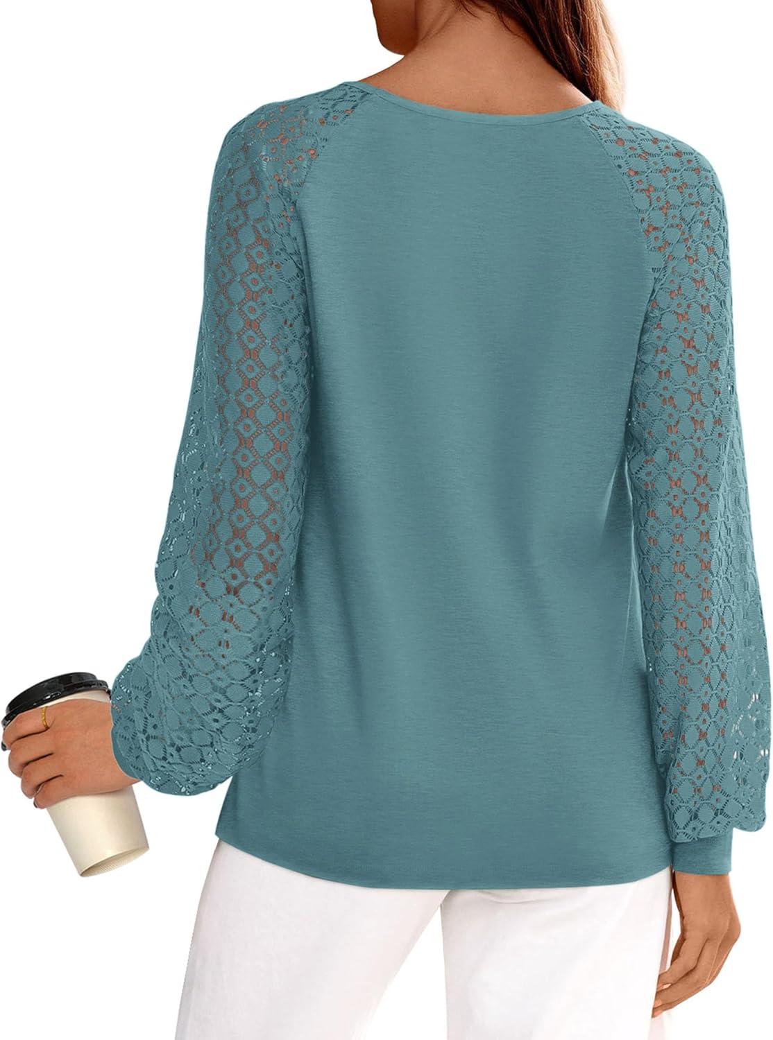 imagePRETTYGARDEN Long Sleeve Shirts for Women Trendy Lace Tops Dressy Casual Blouses 2025 Fall Outfits Fashion ClothingTeal