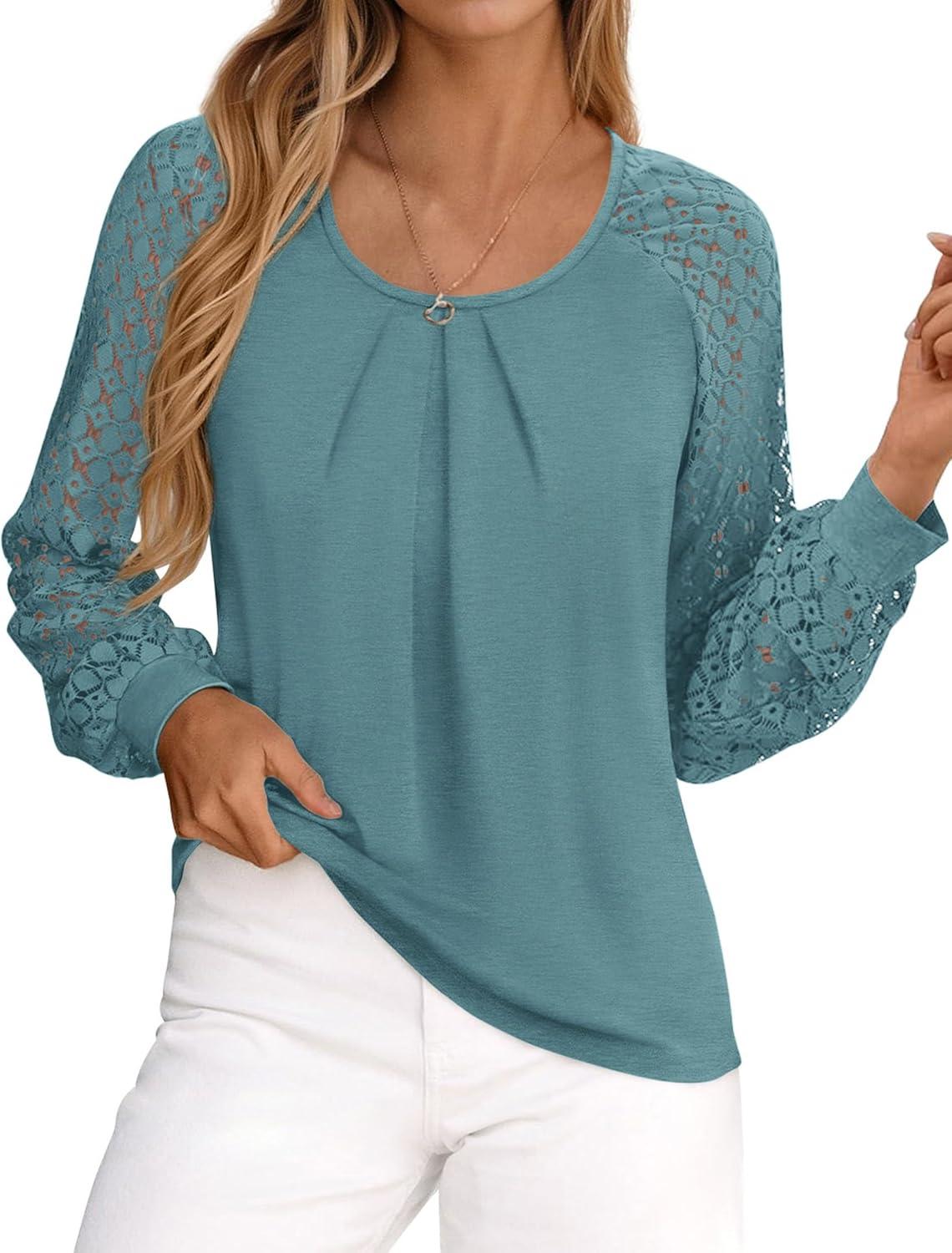 imagePRETTYGARDEN Long Sleeve Shirts for Women Trendy Lace Tops Dressy Casual Blouses 2025 Fall Outfits Fashion ClothingTeal
