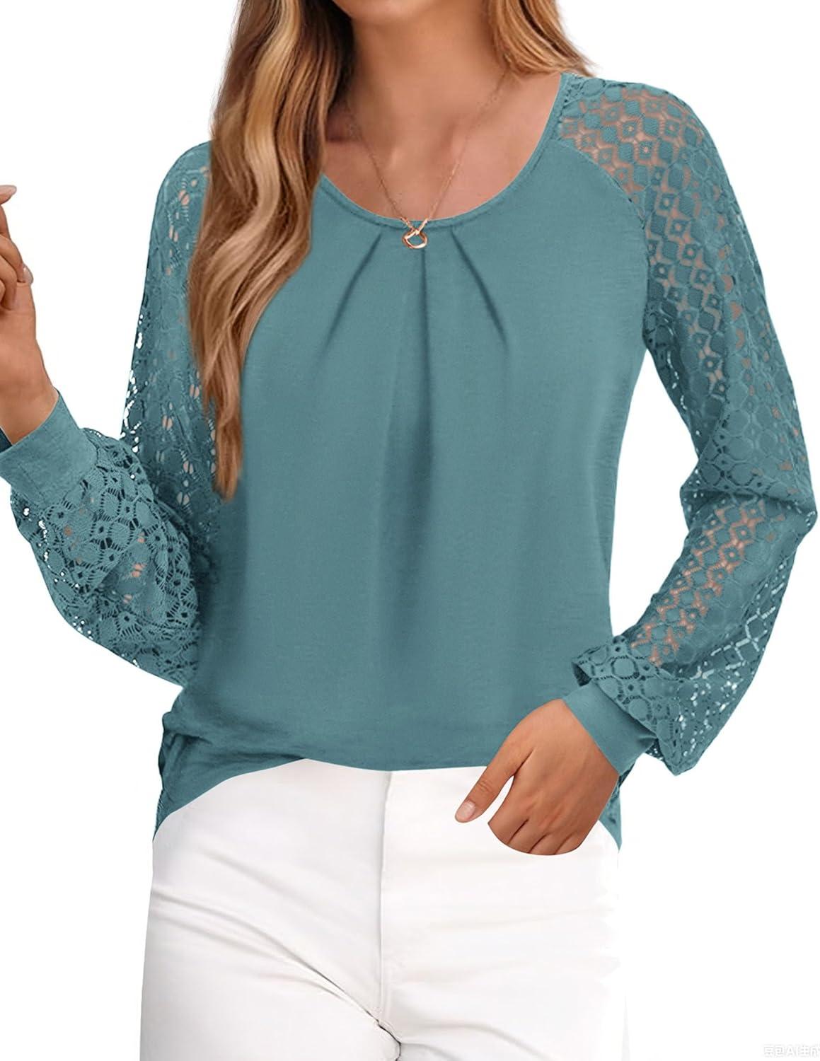 imagePRETTYGARDEN Long Sleeve Shirts for Women Trendy Lace Tops Dressy Casual Blouses 2025 Fall Outfits Fashion ClothingTeal