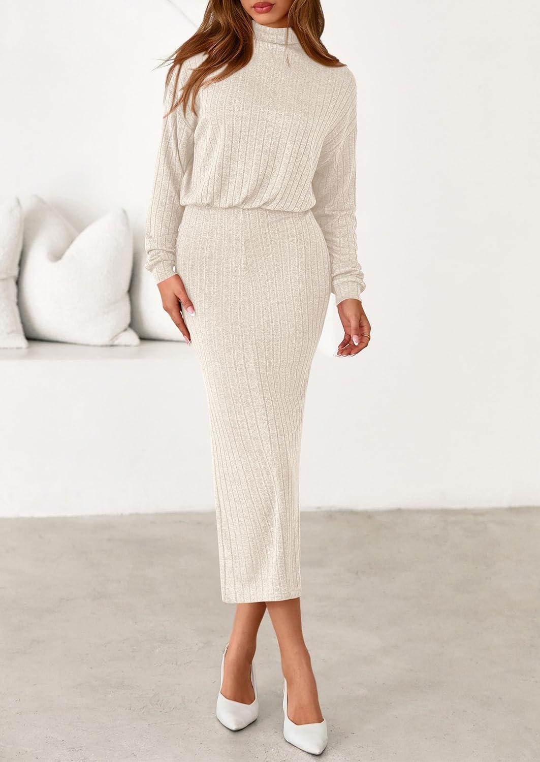 imagePRETTYGARDEN Turtle Neck Dresses for Women 2025 Fall Knit Outfits Slit Elastic Waist Long Sleeve Bodycon Midi Sweater DressApricot