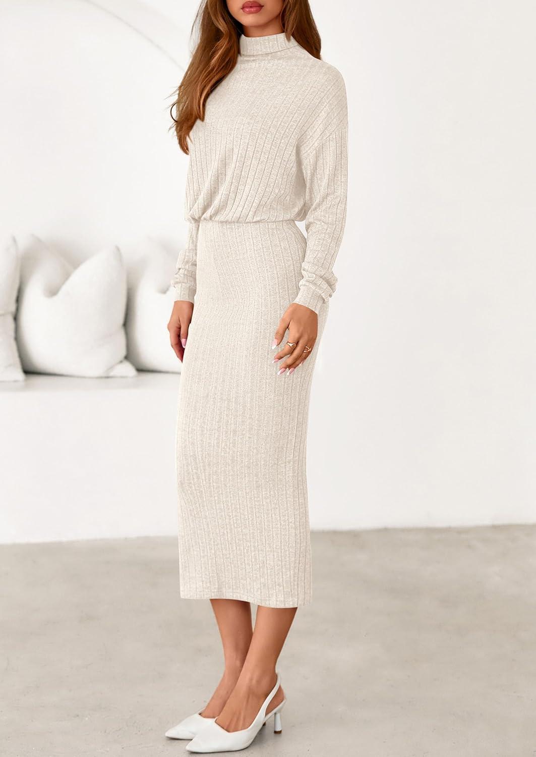 imagePRETTYGARDEN Turtle Neck Dresses for Women 2025 Fall Knit Outfits Slit Elastic Waist Long Sleeve Bodycon Midi Sweater DressApricot