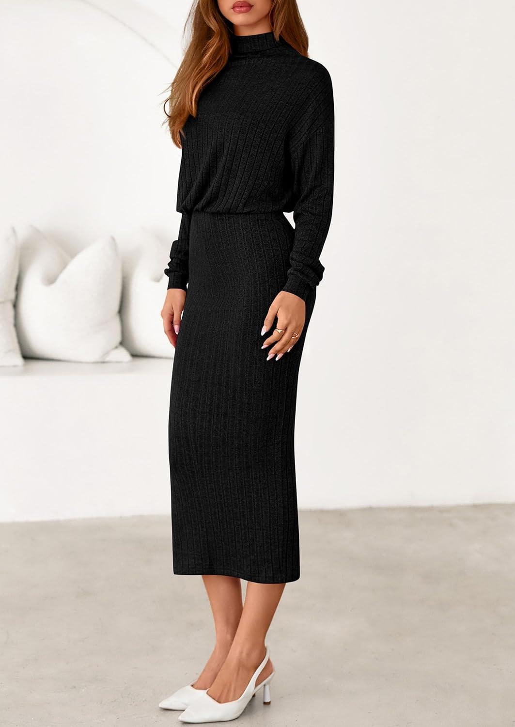 imagePRETTYGARDEN Turtle Neck Dresses for Women 2025 Fall Knit Outfits Slit Elastic Waist Long Sleeve Bodycon Midi Sweater DressBlack