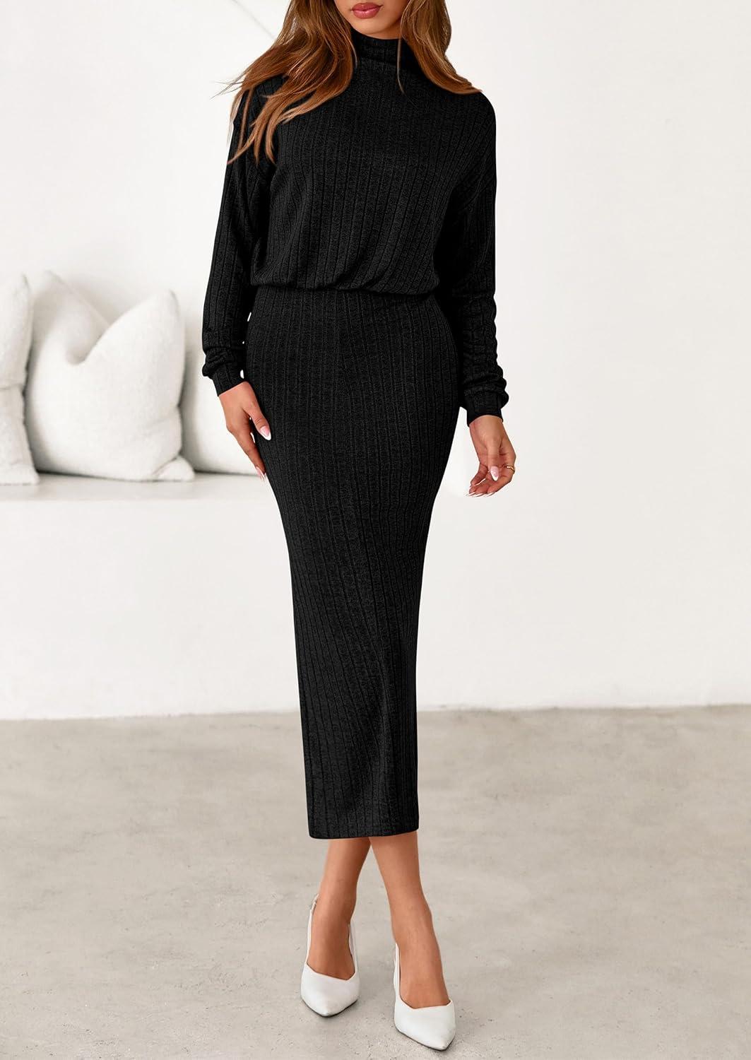 imagePRETTYGARDEN Turtle Neck Dresses for Women 2025 Fall Knit Outfits Slit Elastic Waist Long Sleeve Bodycon Midi Sweater DressBlack