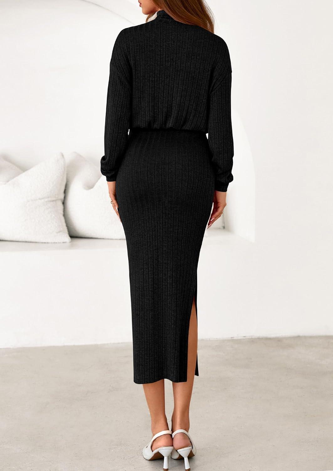 imagePRETTYGARDEN Turtle Neck Dresses for Women 2025 Fall Knit Outfits Slit Elastic Waist Long Sleeve Bodycon Midi Sweater DressBlack