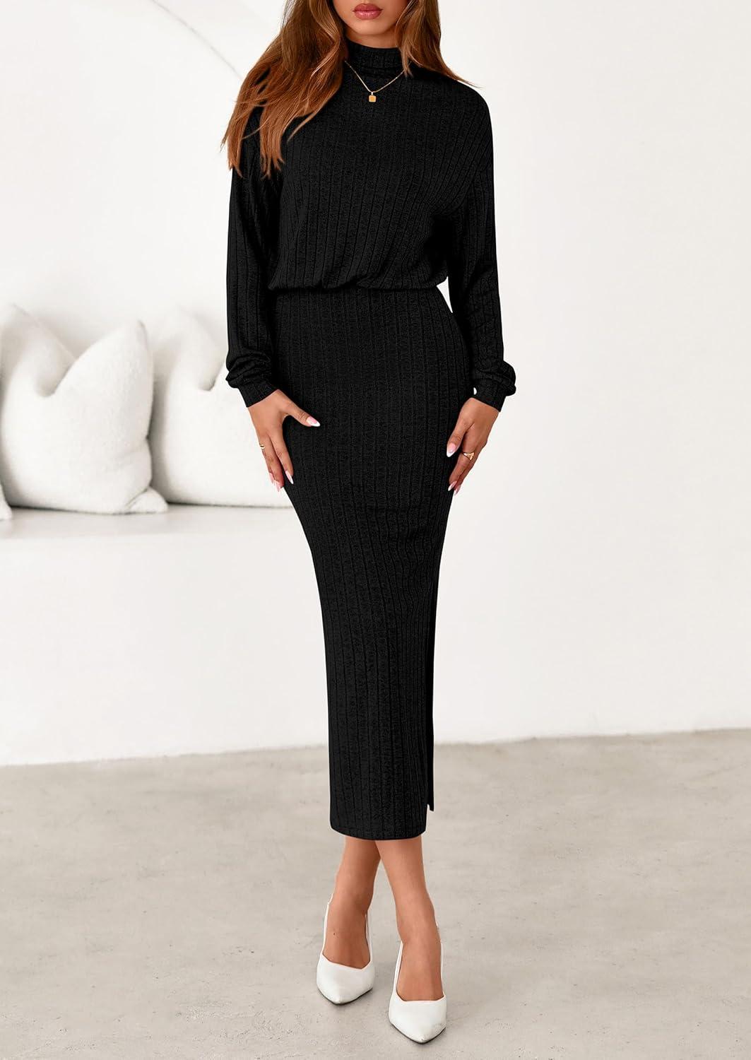 imagePRETTYGARDEN Turtle Neck Dresses for Women 2025 Fall Knit Outfits Slit Elastic Waist Long Sleeve Bodycon Midi Sweater DressBlack