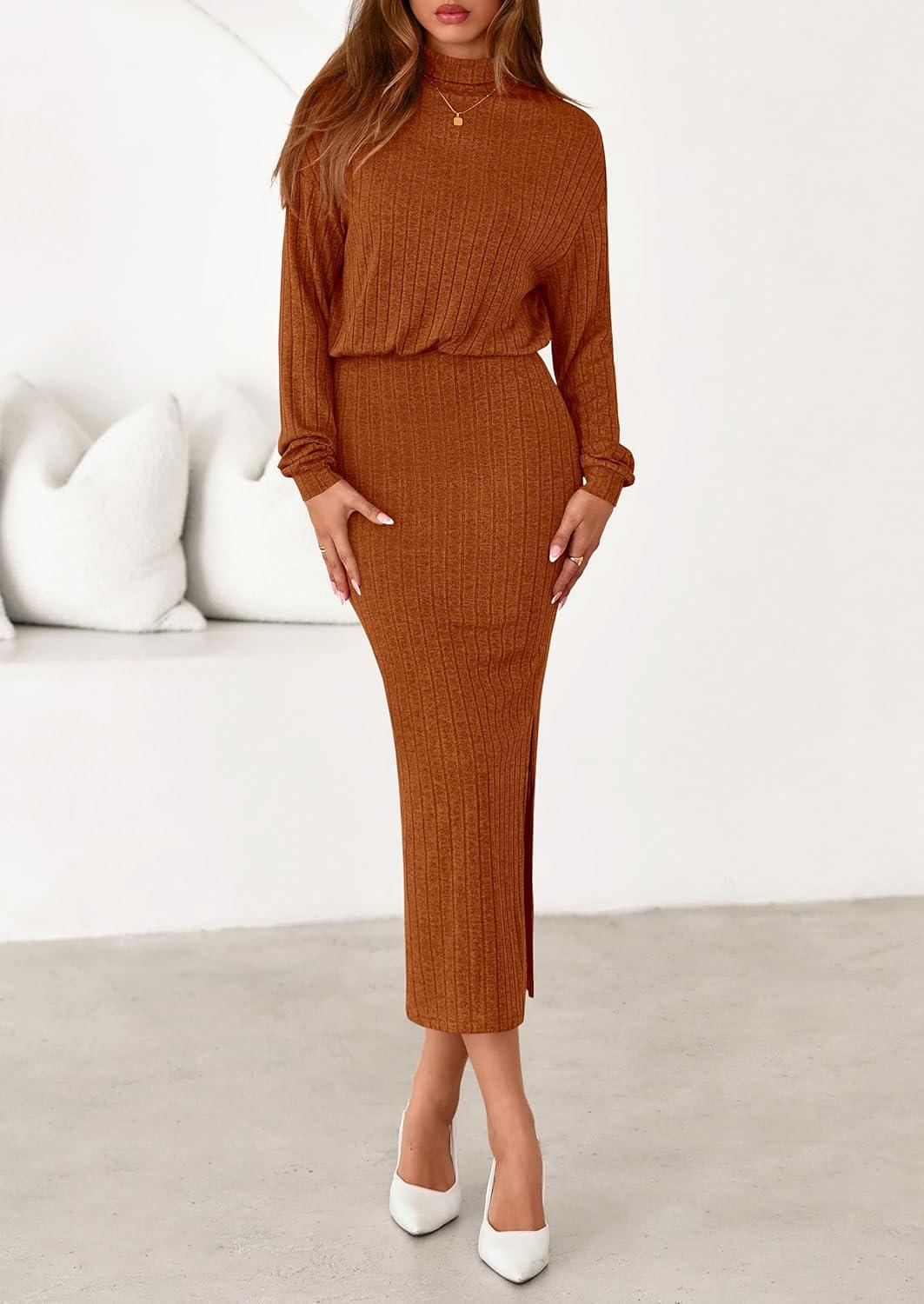 imagePRETTYGARDEN Turtle Neck Dresses for Women 2025 Fall Knit Outfits Slit Elastic Waist Long Sleeve Bodycon Midi Sweater DressBrick Red