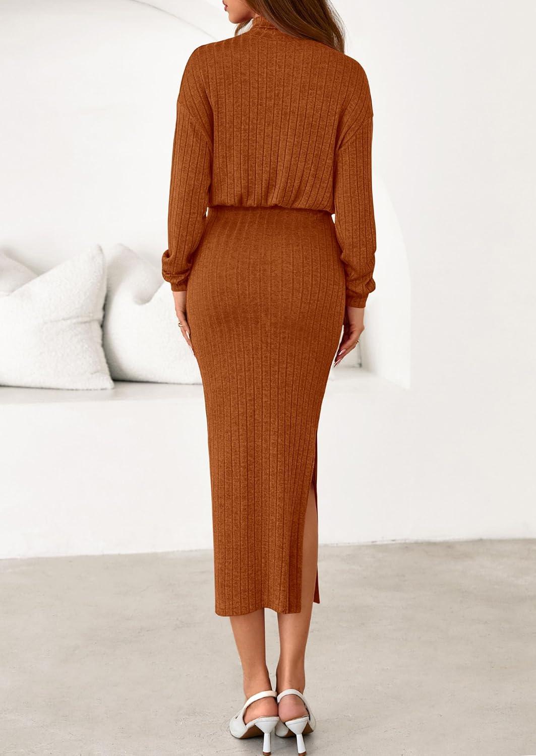 imagePRETTYGARDEN Turtle Neck Dresses for Women 2025 Fall Knit Outfits Slit Elastic Waist Long Sleeve Bodycon Midi Sweater DressBrick Red