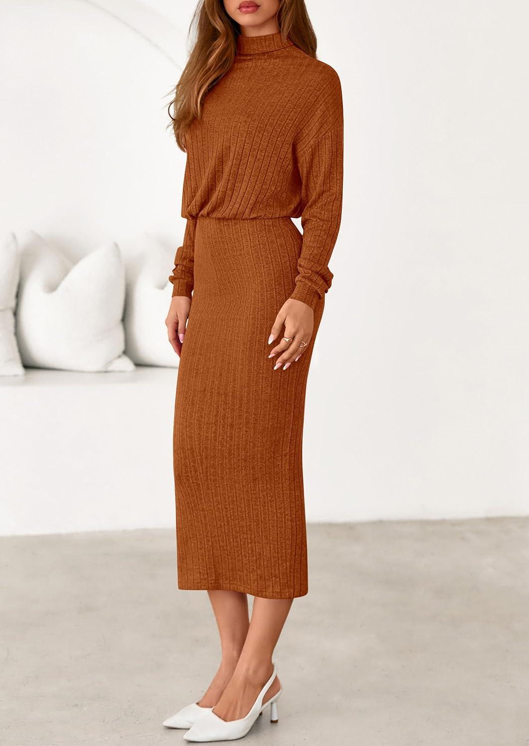 imagePRETTYGARDEN Turtle Neck Dresses for Women 2025 Fall Knit Outfits Slit Elastic Waist Long Sleeve Bodycon Midi Sweater DressBrick Red
