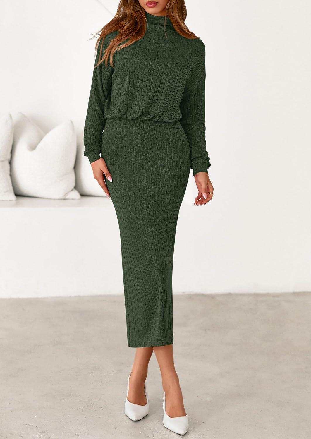 imagePRETTYGARDEN Turtle Neck Dresses for Women 2025 Fall Knit Outfits Slit Elastic Waist Long Sleeve Bodycon Midi Sweater DressDark Green