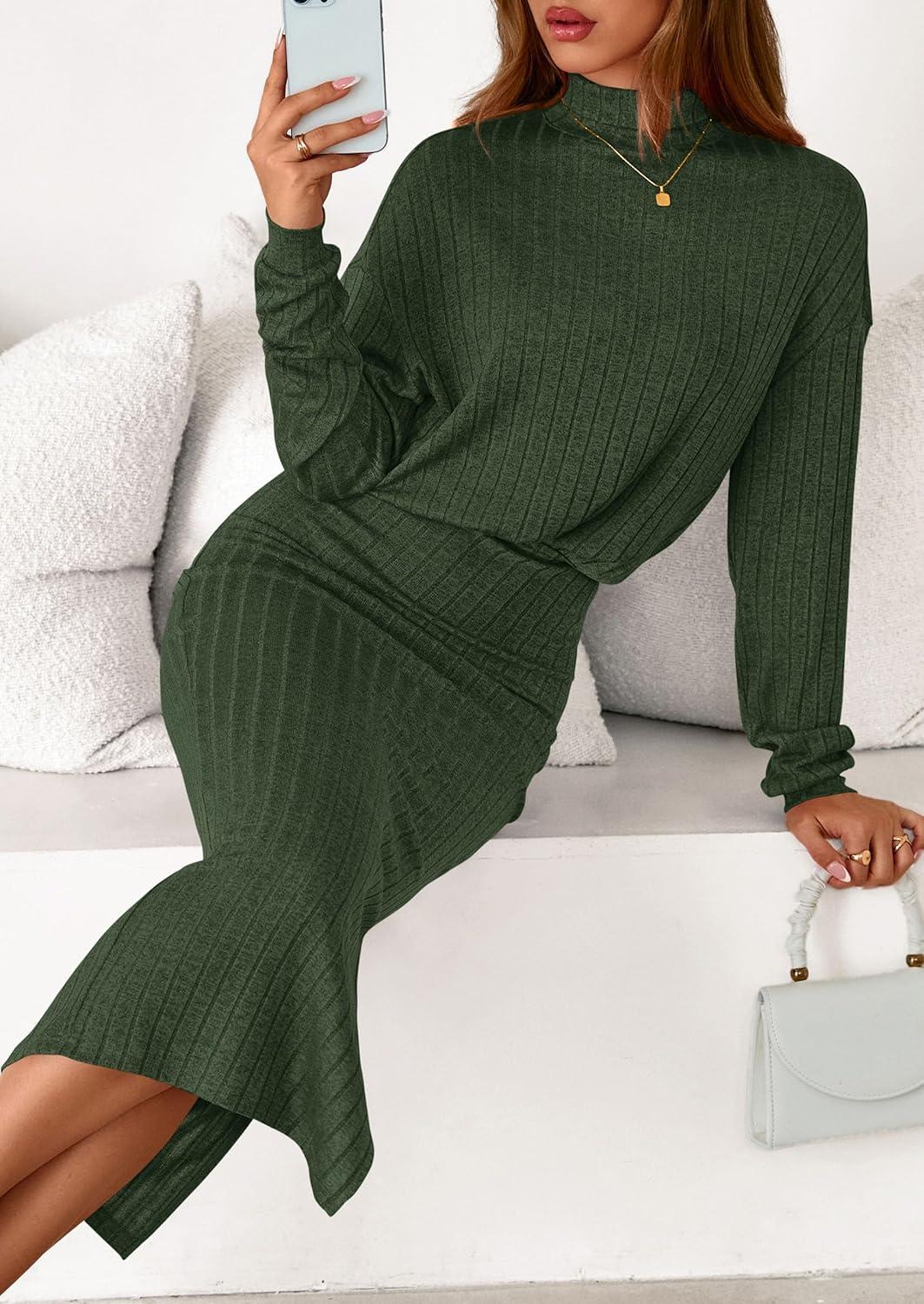 imagePRETTYGARDEN Turtle Neck Dresses for Women 2025 Fall Knit Outfits Slit Elastic Waist Long Sleeve Bodycon Midi Sweater DressDark Green