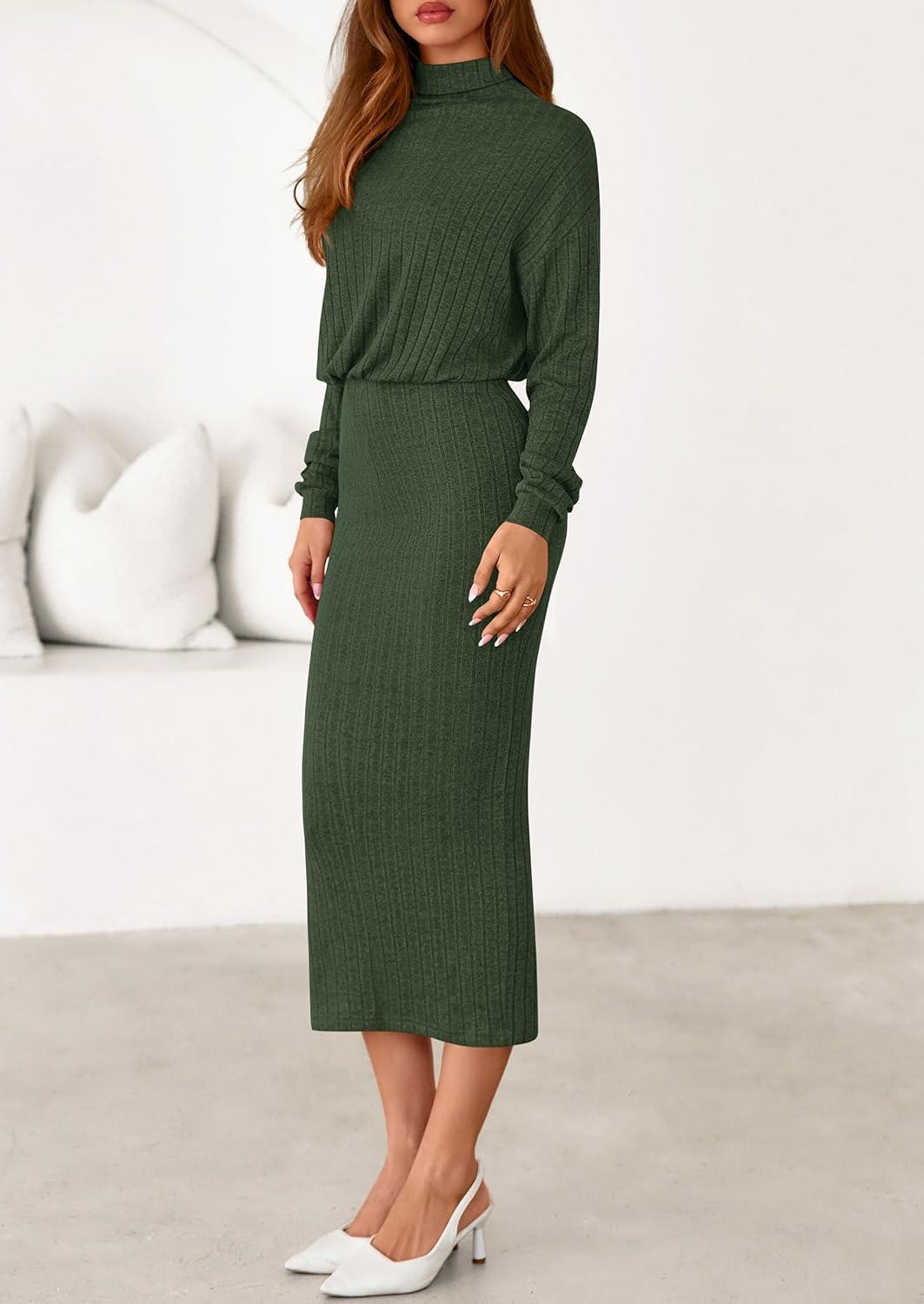 imagePRETTYGARDEN Turtle Neck Dresses for Women 2025 Fall Knit Outfits Slit Elastic Waist Long Sleeve Bodycon Midi Sweater DressDark Green