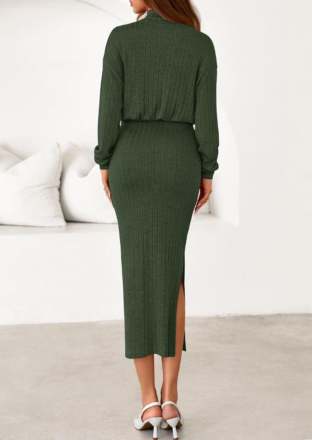 imagePRETTYGARDEN Turtle Neck Dresses for Women 2025 Fall Knit Outfits Slit Elastic Waist Long Sleeve Bodycon Midi Sweater DressDark Green